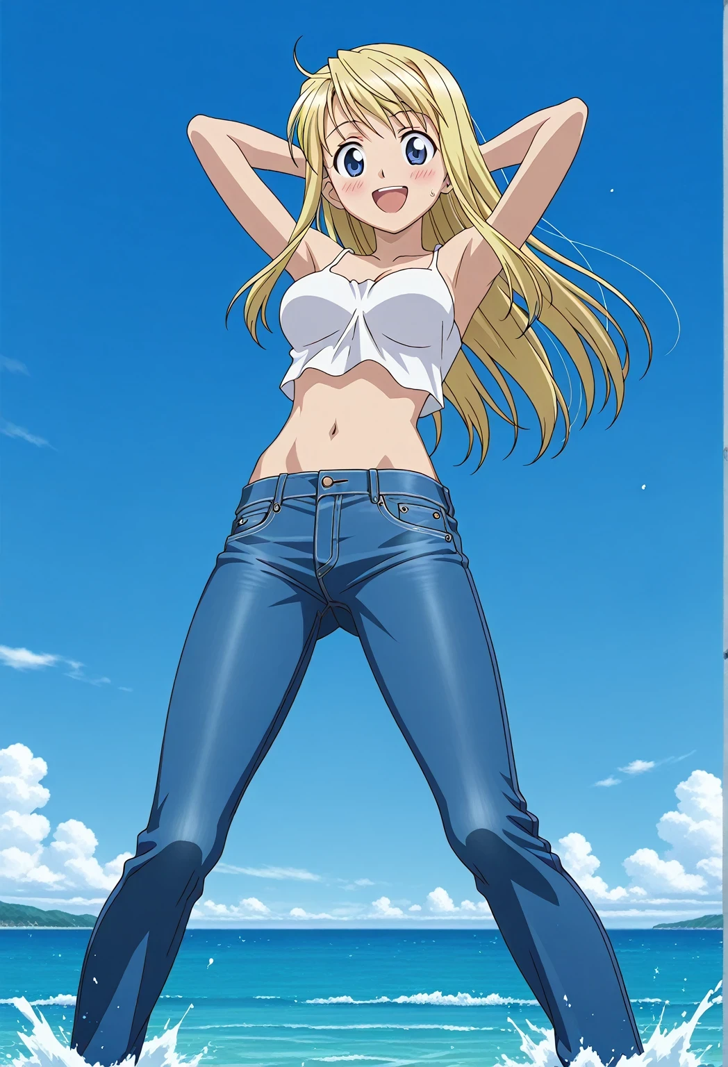 score_9, score_8_up, score_7_up, source_anime, highres, hi res, ((best quality, top quality, perfect quality, Highest Quality, amazing quality)), {{masterpiece}}, {{an extremely delicate and beautiful}}, 2d, intricate details, official style, anime, 8k, anime style, official_anime, official art, digital painting, cell shading, soft shading, high resolution, soothing tones, Subdued Color, Soft cinematic light, adobe lightroom, photolab, HDR, intricately and hyper-detailed, ((high quality animation)), 1 girl, Alone, solo, ((ocean)), tsunami, on the water, day, sunny, outdoors, sky, windy, winry rockbell, blue eyes, blonde hair, long hair, anime screencap, medium breasts, white camisole top, crop top, white crop top, best quality, hyper-detailed jeans, ((blue jeans:1.9)), (dark blue jeans:0.6), full medium body, medium shot, Open mouth, smiling, happy face, blush, sweat, standing, ((arms behind head:6.0)), bowlegged, jumping pose, action, looking at viewer, spread legs, Bend knees slightly, straight-on front view