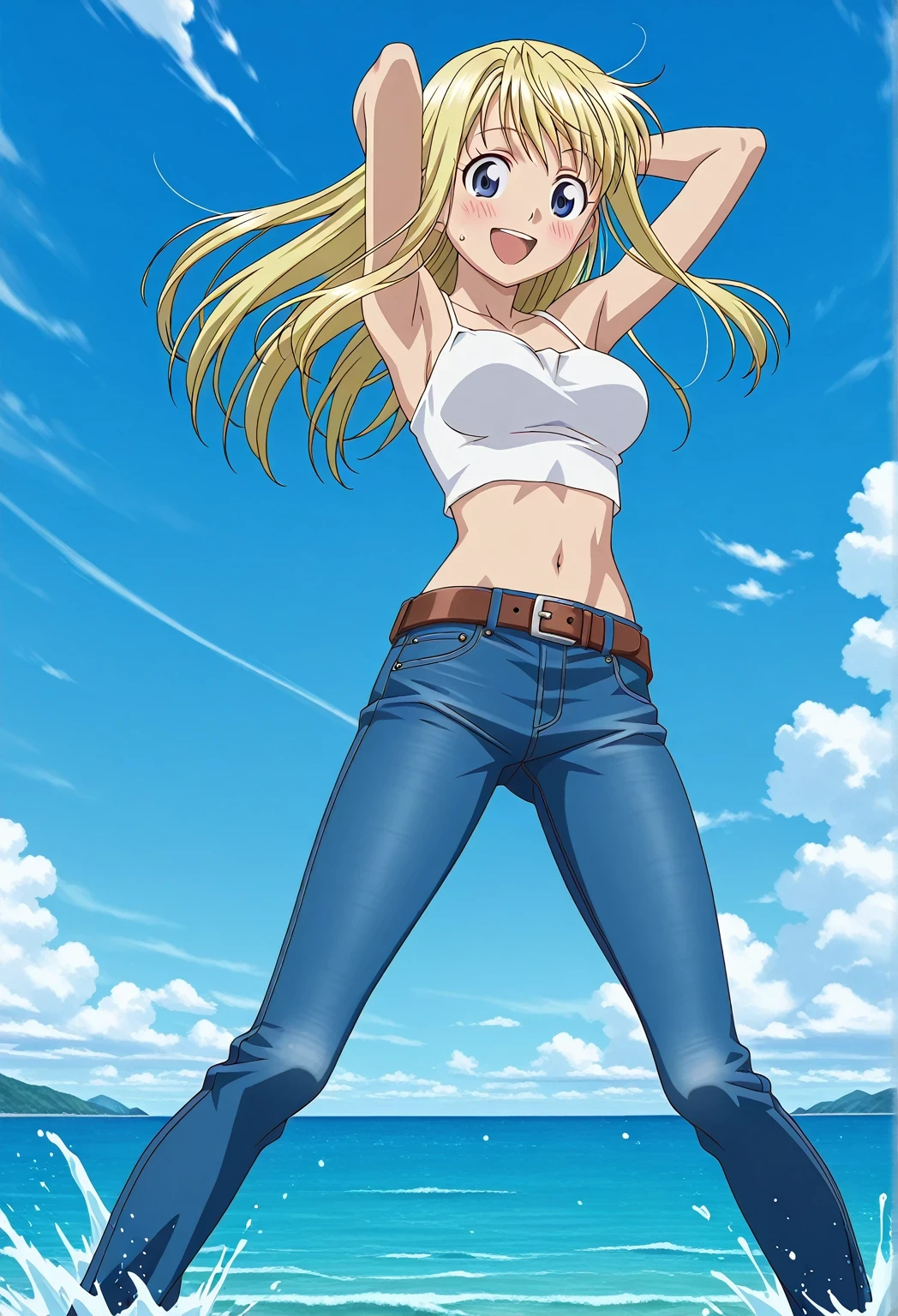 score_9, score_8_up, score_7_up, source_anime, highres, hi res, ((best quality, top quality, perfect quality, Highest Quality, amazing quality)), {{masterpiece}}, {{an extremely delicate and beautiful}}, 2d, intricate details, official style, anime, 8k, anime style, official_anime, official art, digital painting, cell shading, soft shading, high resolution, soothing tones, Subdued Color, Soft cinematic light, adobe lightroom, photolab, HDR, intricately and hyper-detailed, ((high quality animation)), 1 girl, Alone, solo, ((ocean)), tsunami, on the water, day, sunny, outdoors, sky, windy, winry rockbell, blue eyes, blonde hair, long hair, anime screencap, medium breasts, white camisole top, crop top, white crop top, best quality, hyper-detailed jeans, belt, brown belt, ((blue jeans:1.9)), (dark blue jeans:0.6), full medium body, medium shot, Open mouth, smiling, happy face, blush, sweat, standing, ((arms behind head:6.0)), bowlegged, jumping pose, action, looking at viewer, spread legs, Bend knees slightly, straight-on front view