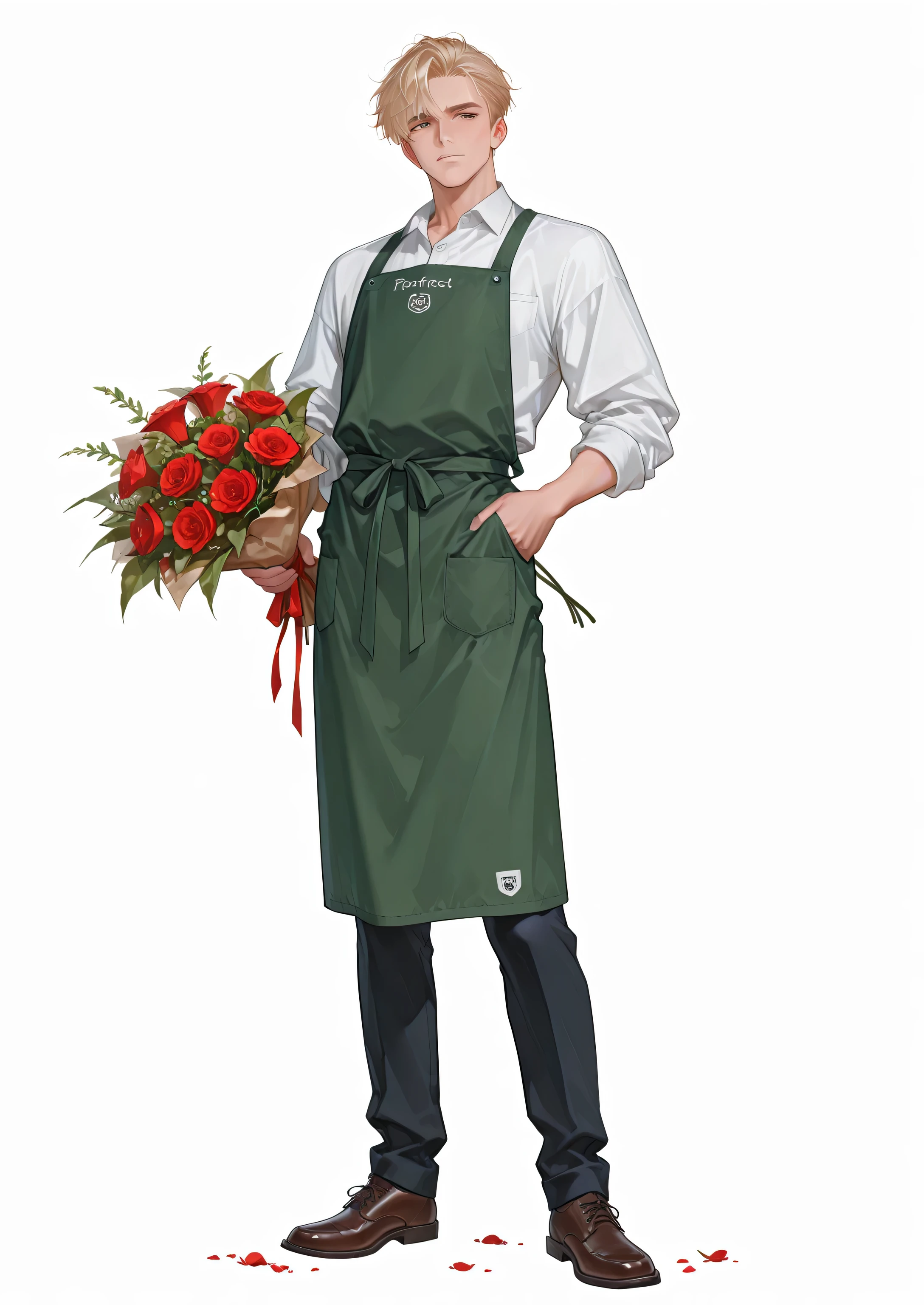 {{Holding a bouquet of red flowers below the waist}}, {{{{reds flowers}}}}, high school age men, 1 male, handsome, lying, messy blonde hair, 1 man, male full body, handsome man, thickly painted, perfect Eyes, Masterpiece, best quality, absurdres, amazing quality, {{{full body}}}, standing illustration, florist, wearing a florist's apron, long work apron, {{black work apron}}, white background, {{Sloppy pose}},