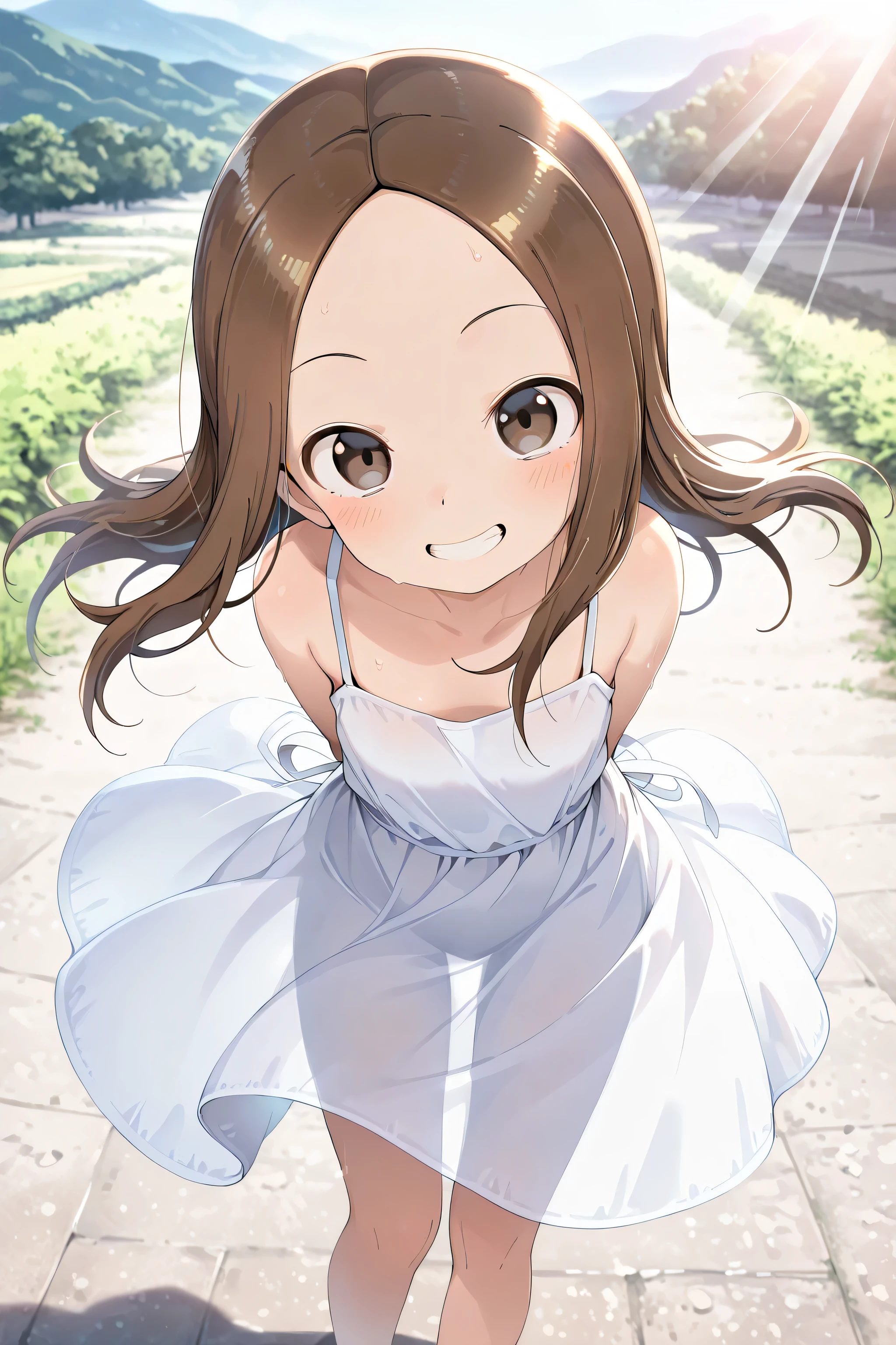 anime,masterpiece, best quality, highly dramatic picture, beautiful eyes, cinematic lens effect, ultra cute,outdoor background,sun beam,from above,1girl,takagi-san,standing,leaning forward,arms behind back,looking at viewer,grin,sundress,thighs visible through clothes,(sweat:0.75),floating hair,floating skirt