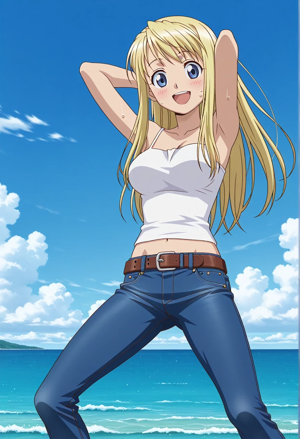 score_9, score_8_up, score_7_up, source_anime, highres, hi res, ((best quality, top quality, perfect quality, Highest Quality, amazing quality)), {{masterpiece}}, {{an extremely delicate and beautiful}}, 2d, intricate details, official style, anime, 8k, anime style, official_anime, official art, digital painting, cell shading, soft shading, high resolution, soothing tones, Subdued Color, Soft cinematic light, adobe lightroom, photolab, HDR, intricately and hyper-detailed, ((high quality animation)), 1 girl, Alone, solo, ((ocean)), tsunami, on the water, day, sunny, outdoors, sky, windy, winry rockbell, blue eyes, blonde hair, long hair, anime screencap, medium breasts, white camisole top, crop top, white crop top, best quality, hyper-detailed jeans, belt, brown belt, ((blue jeans:1.9)), (dark blue jeans:0.6), full medium body, medium shot, Open mouth, smiling, happy face, blush, sweat, standing, ((arms behind head:6.0)), bowlegged, jumping pose, action, looking at viewer, spread legs, Bend knees slightly, straight-on front view