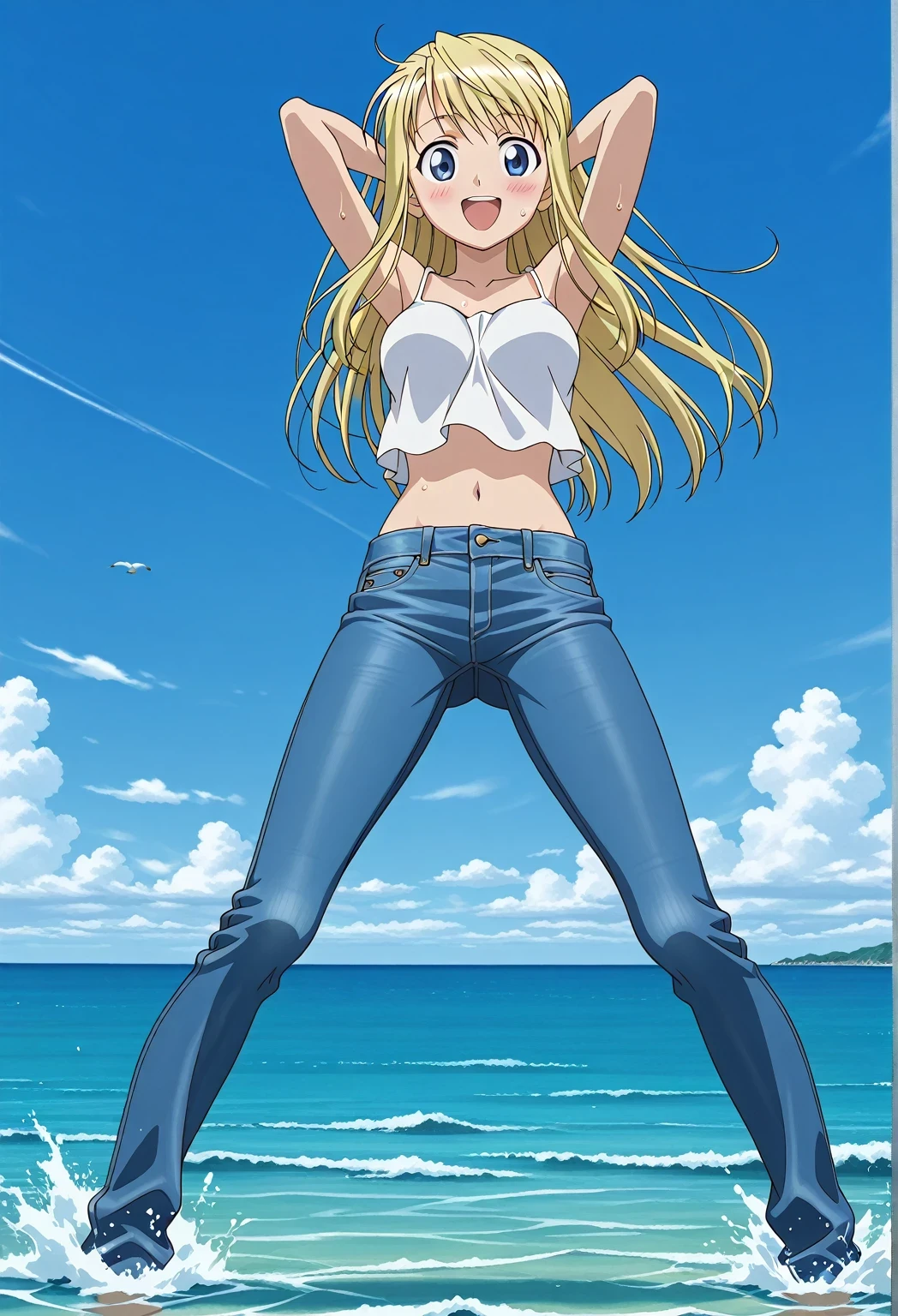 score_9, score_8_up, score_7_up, source_anime, highres, hi res, ((best quality, top quality, perfect quality, Highest Quality, amazing quality)), {{masterpiece}}, {{an extremely delicate and beautiful}}, 2d, intricate details, official style, anime, 8k, anime style, official_anime, official art, digital painting, cell shading, soft shading, high resolution, soothing tones, Subdued Color, Soft cinematic light, adobe lightroom, photolab, HDR, intricately and hyper-detailed, ((high quality animation)), 1 girl, Alone, solo, ((ocean)), tsunami, on the water, day, sunny, outdoors, sky, windy, winry rockbell, blue eyes, blonde hair, long hair, anime screencap, medium breasts, white camisole top, crop top, white crop top, best quality, hyper-detailed jeans, ((blue jeans:1.9)), (dark blue jeans:0.6), full medium body, medium shot, Open mouth, smiling, happy face, blush, sweat, standing, ((arms behind head:6.0)), bowlegged, jumping pose, action, looking at viewer, spread legs, Bend knees slightly, straight-on front view