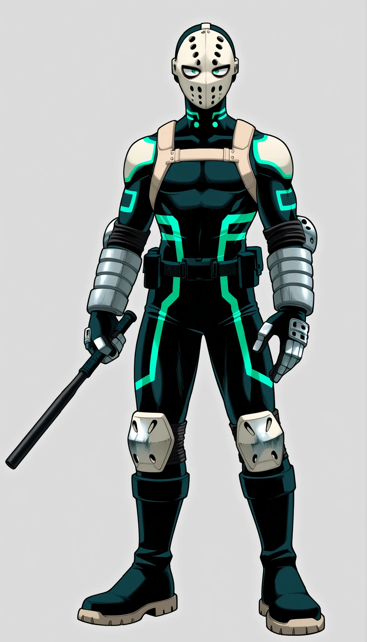((Highest Quality)), ((Simple Light Grey Background)), (My Hero Academia Style), standing, (1male), (Male), solo, slender body, athletic body, slim body, standing, Full Body, full body bodysuit, black bodysuit, metal knee pads, metal elbow pads, black tactical gloves, black tactical knee boots, hidden hair, hidden face, hidden eyes, hidden mouth, hidden skin, holding two combat baton, combat baton in each hand, metal hockey mask, no hair, no skink, small metal shoulder pads, black tactical belt, back tactical body harness, pouched harness, pouched belt, neon green eyes, half-closed eyes, 