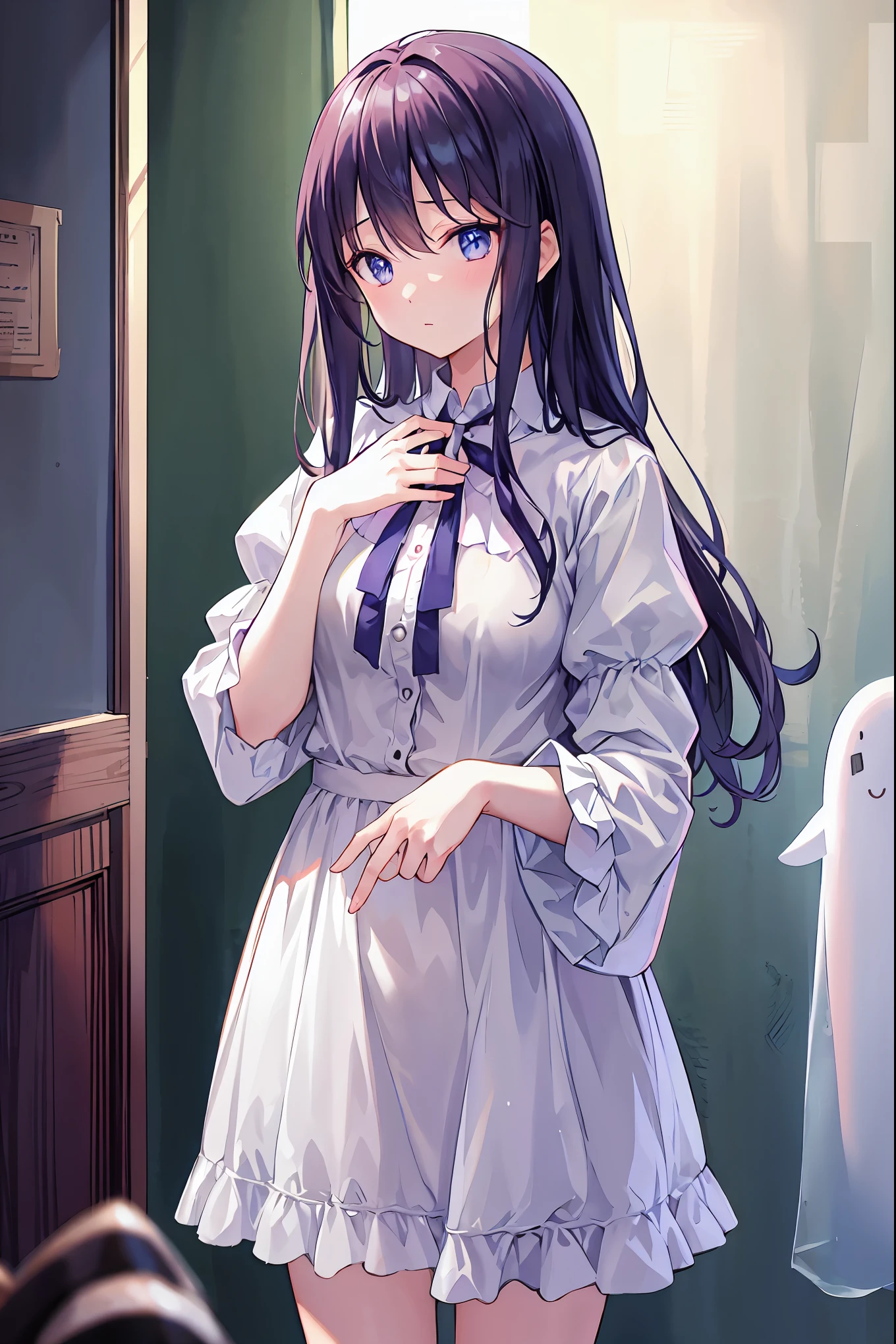 Haunted Castle、Late Night、The girl who lost her way、Smartphone in hand、Smartphone light、Lightning echoes、girl wet in the rain、big mansion like a castle、 Ghosts、dimly lit room、State of Ruins、Only ghost eyes light up、Seimitsu、4K resolution、High Quality、Super Detailed、Realistic、Realistic、HDR、UHD、STUDIO LIGHT、Transcendental Depiction、Clear Focus、PBR Rendering、professional、bright colors、bokeh effect