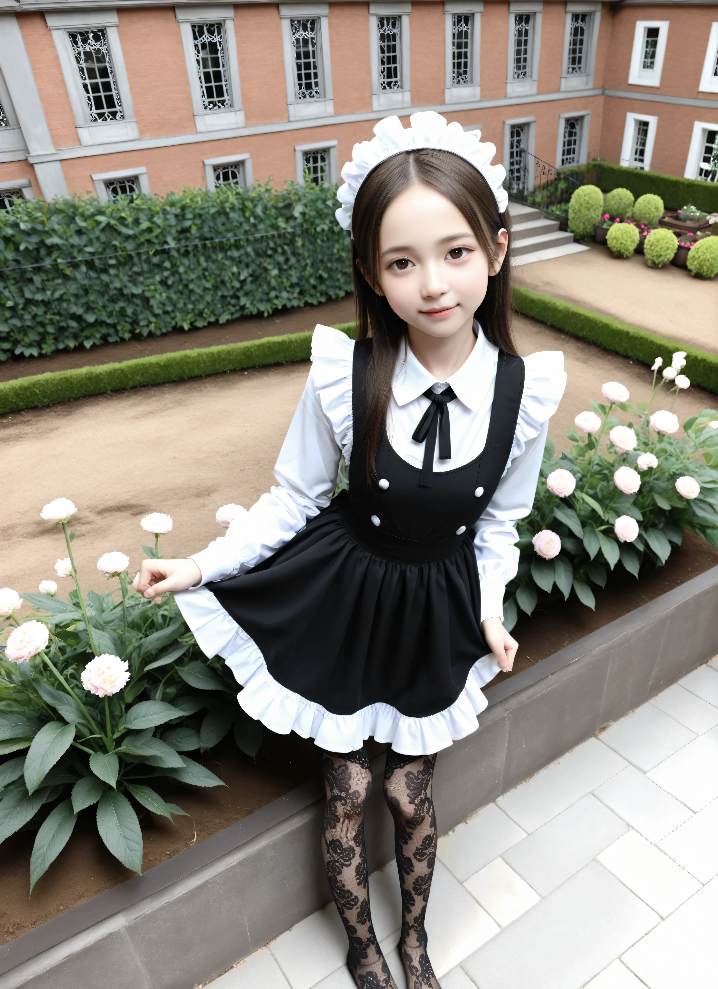 (Biological Corpse Factory)、maids,Look at the audience,(skinny:0.79),(younger:0.82),from above,(medium chest:0.60),に付けたblack lace stockings,slouches forward,japanese,(Smile Yang:0.47),black lace stockings