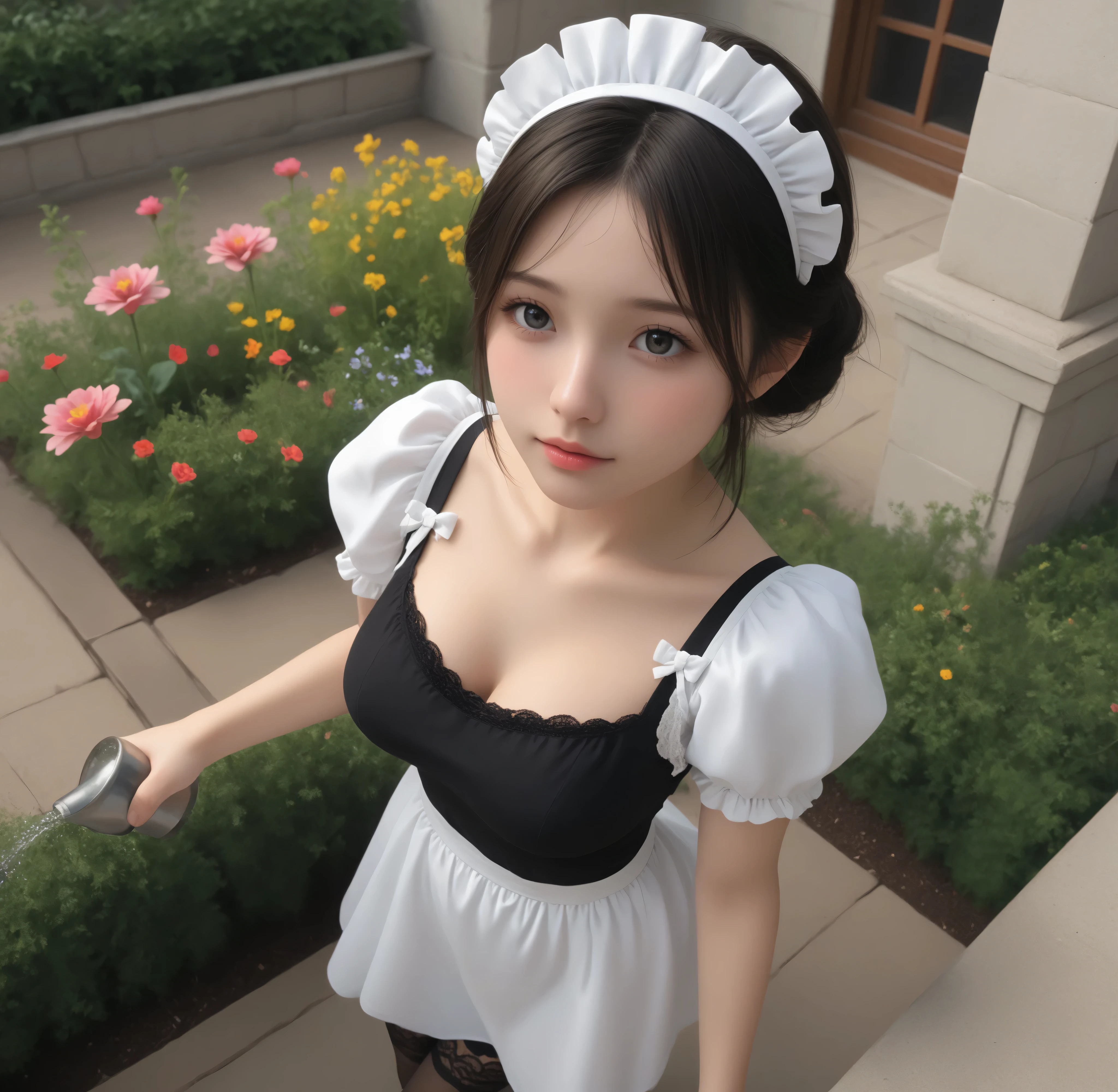 one girl、maids,Look at the audience,(skinny:0.04),(younger:0.55),from above,slouches forward,(big boobs:0.69),Watering flowers outside the mansion,japanese,(Smile Yang:0.39),black lace stockings