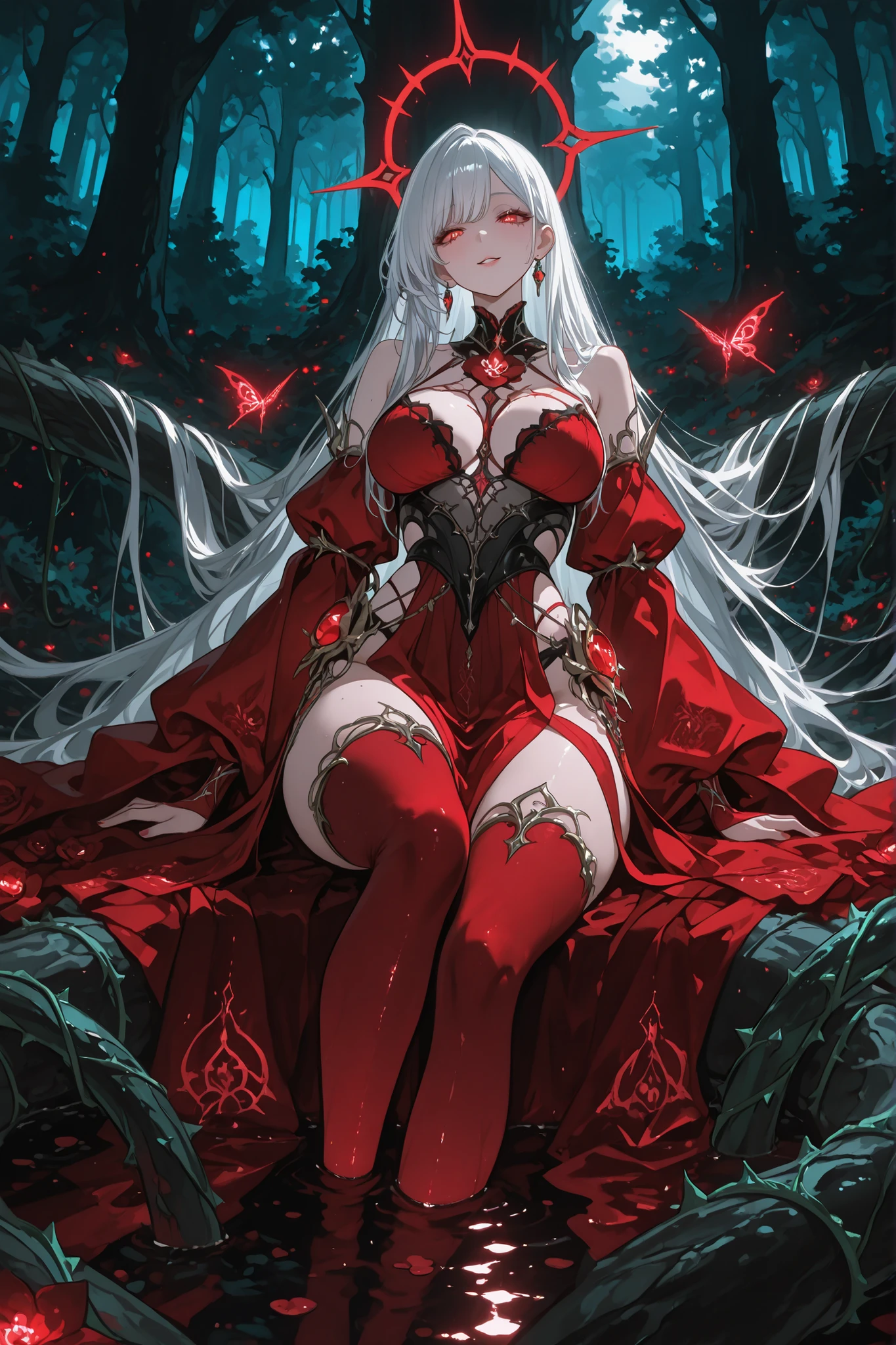 A mesmerizing scarlet-eyed temptress with glowing ruby-red eyes that penetrate the soul, her silver-white hair flowing like liquid moonlight tangled with thorny rose vines, dressed in a diaphanous emerald silk robe that clings to her lithe form, revealing hints of ancient runes glowing faintly on her skin, lounging amidst a enchanted forest glade at midnight with bioluminescent flowers and whispering shadows, an air of seductive mystery and inevitable doom, her expression a blend of alluring warmth and predatory cunning, soft ethereal lighting highlighting her ethereal beauty and sharp features, surreal fantasy illustration, hyper-detailed, elegant, masterpiece, 8k, wide angle composition, influenced by Julie Bell and H.R. Giger, --ar 16:9 --v 5.2 --stylize 600 --q 2