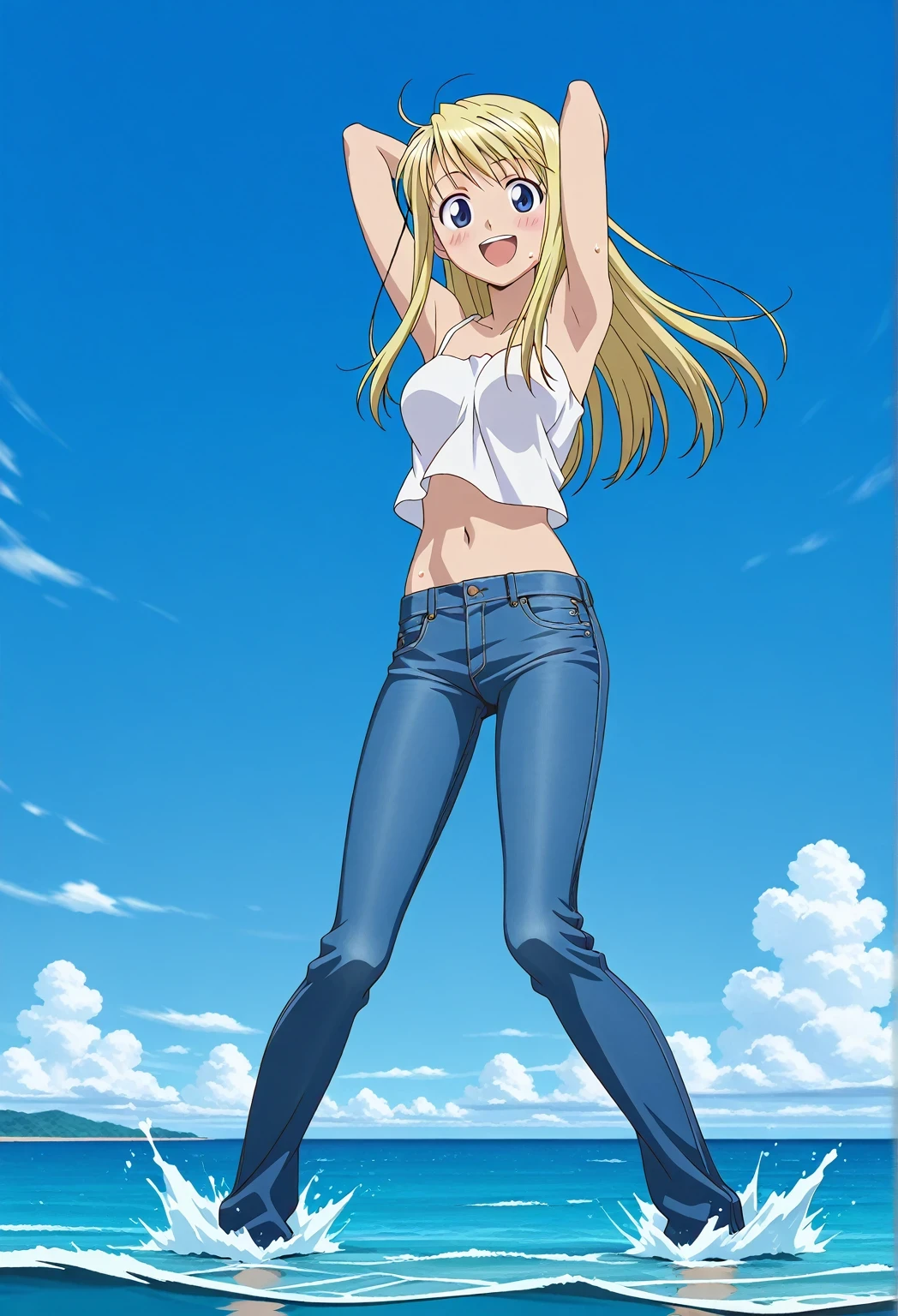 score_9, score_8_up, score_7_up, source_anime, highres, hi res, ((best quality, top quality, perfect quality, Highest Quality, amazing quality)), {{masterpiece}}, {{an extremely delicate and beautiful}}, 2d, intricate details, official style, anime, 8k, anime style, official_anime, official art, digital painting, cell shading, soft shading, high resolution, soothing tones, Subdued Color, Soft cinematic light, adobe lightroom, photolab, HDR, intricately and hyper-detailed, ((high quality animation)), 1 girl, Alone, solo, ((ocean)), tsunami, on the water, day, sunny, outdoors, sky, windy, winry rockbell, blue eyes, blonde hair, long hair, anime screencap, medium breasts, white camisole top, crop top, white crop top, best quality, hyper-detailed jeans, ((blue jeans:1.9)), (dark blue jeans:0.6), full medium body, medium shot, Open mouth, smiling, happy face, blush, sweat, standing, ((arms behind head:6.0)), bowlegged, jumping pose, action, looking at viewer, spread legs, Bend knees slightly, straight-on front view