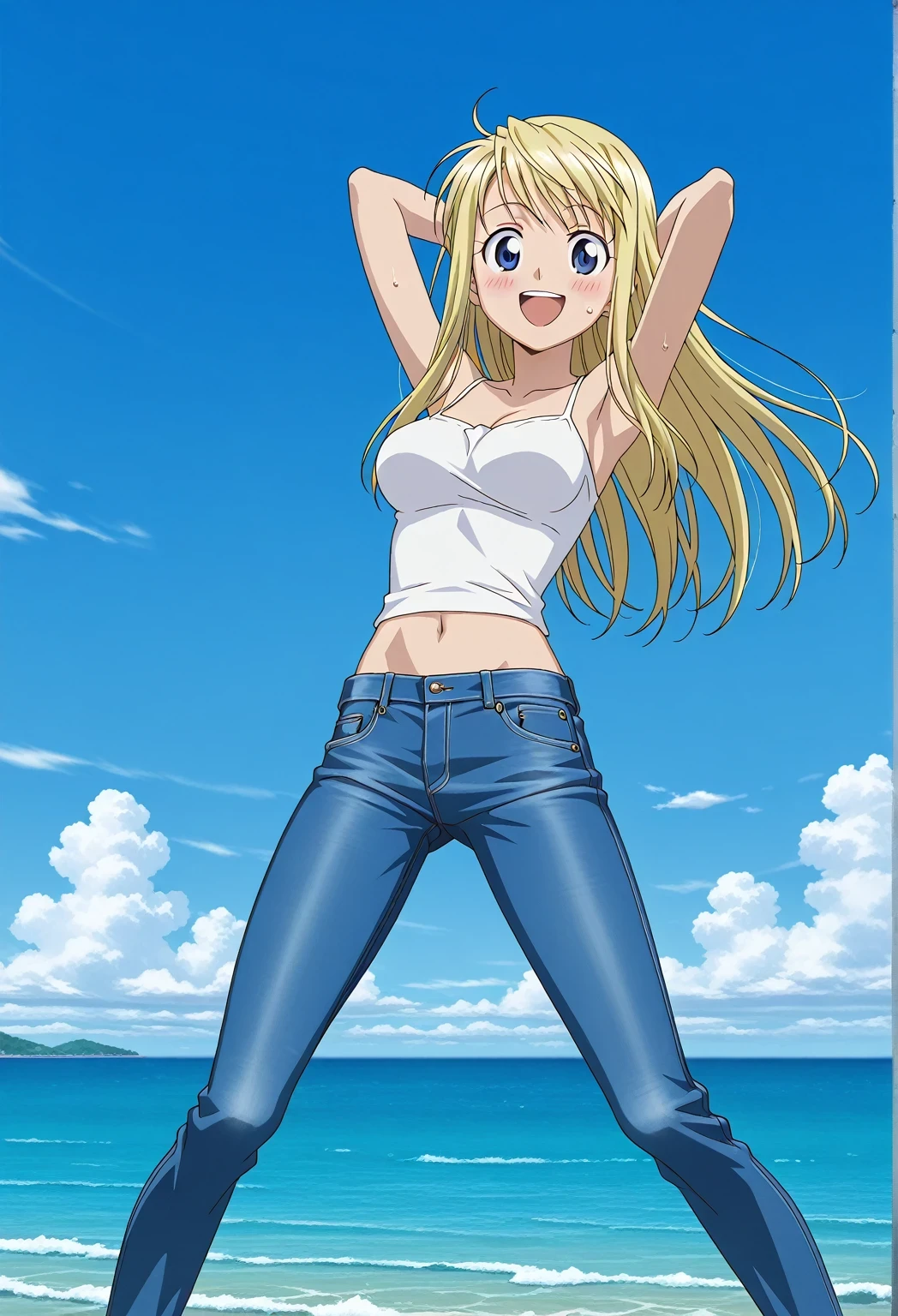 score_9, score_8_up, score_7_up, source_anime, highres, hi res, ((best quality, top quality, perfect quality, Highest Quality, amazing quality)), {{masterpiece}}, {{an extremely delicate and beautiful}}, 2d, intricate details, official style, anime, 8k, anime style, official_anime, official art, digital painting, cell shading, soft shading, high resolution, soothing tones, Subdued Color, Soft cinematic light, adobe lightroom, photolab, HDR, intricately and hyper-detailed, ((high quality animation)), 1 girl, Alone, solo, ((ocean)), tsunami, on the water, day, sunny, outdoors, sky, windy, winry rockbell, blue eyes, blonde hair, long hair, anime screencap, medium breasts, white camisole top, crop top, white crop top, best quality, hyper-detailed jeans, ((blue jeans:1.9)), (dark blue jeans:0.6), full medium body, medium shot, Open mouth, smiling, happy face, blush, sweat, standing, ((arms behind head:6.0)), bowlegged, jumping pose, action, looking at viewer, spread legs, Bend knees slightly, straight-on front view