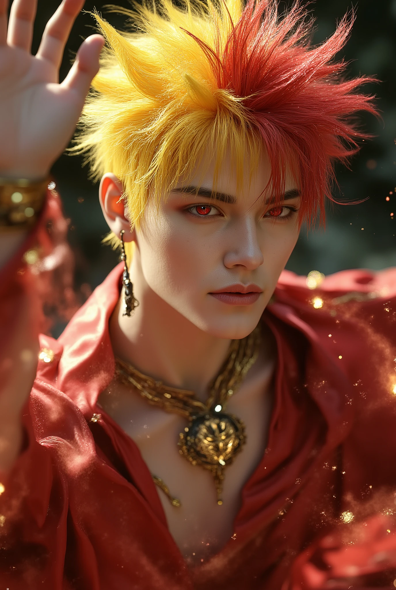 Spiky short髪、Half yellow and half red Spiky short hair、and close one very big red eye、Smile Yan、Thin, clean, high nose、Smooth, Thin Jaws、Fancy Fantasy Outfits、Beautiful Young Man with Smooth White Silk Skin、luxury necklace、gorgeous earrings、Luxurious ring、real fantasy、Ultra fine precision、Accurate Hands、Men put their open hands up、Spiky short-haired young man with half red and half yellow、Angle Above Waist、Dynamic Poses( raises one hand up )Wink、from above