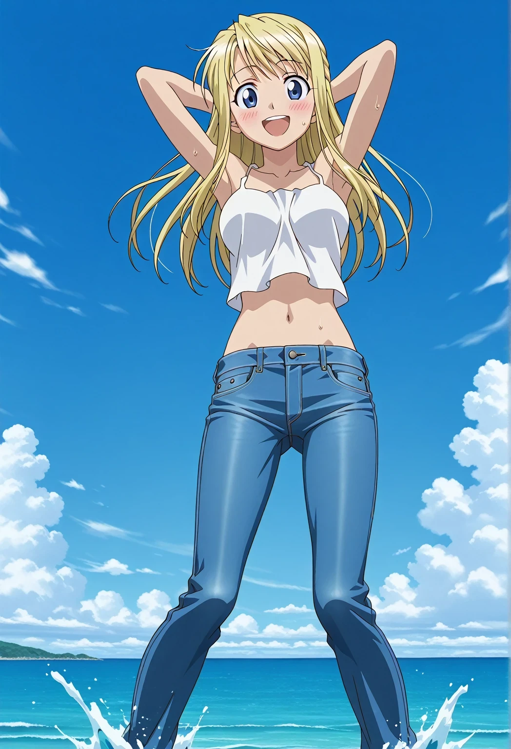 score_9, score_8_up, score_7_up, source_anime, highres, hi res, ((best quality, top quality, perfect quality, Highest Quality, amazing quality)), {{masterpiece}}, {{an extremely delicate and beautiful}}, 2d, intricate details, official style, anime, 8k, anime style, official_anime, official art, digital painting, cell shading, soft shading, high resolution, soothing tones, Subdued Color, Soft cinematic light, adobe lightroom, photolab, HDR, intricately and hyper-detailed, ((high quality animation)), 1 girl, Alone, solo, ((ocean)), tsunami, on the water, day, sunny, outdoors, sky, windy, winry rockbell, blue eyes, blonde hair, long hair, anime screencap, medium breasts, white camisole top, crop top, white crop top, best quality, hyper-detailed jeans, ((blue jeans:1.9)), (dark blue jeans:0.6), full medium body, medium shot, Open mouth, smiling, happy face, blush, sweat, standing, ((arms behind head:6.0)), bowlegged, jumping pose, action, looking at viewer, spread legs, Bend knees slightly, straight-on front view