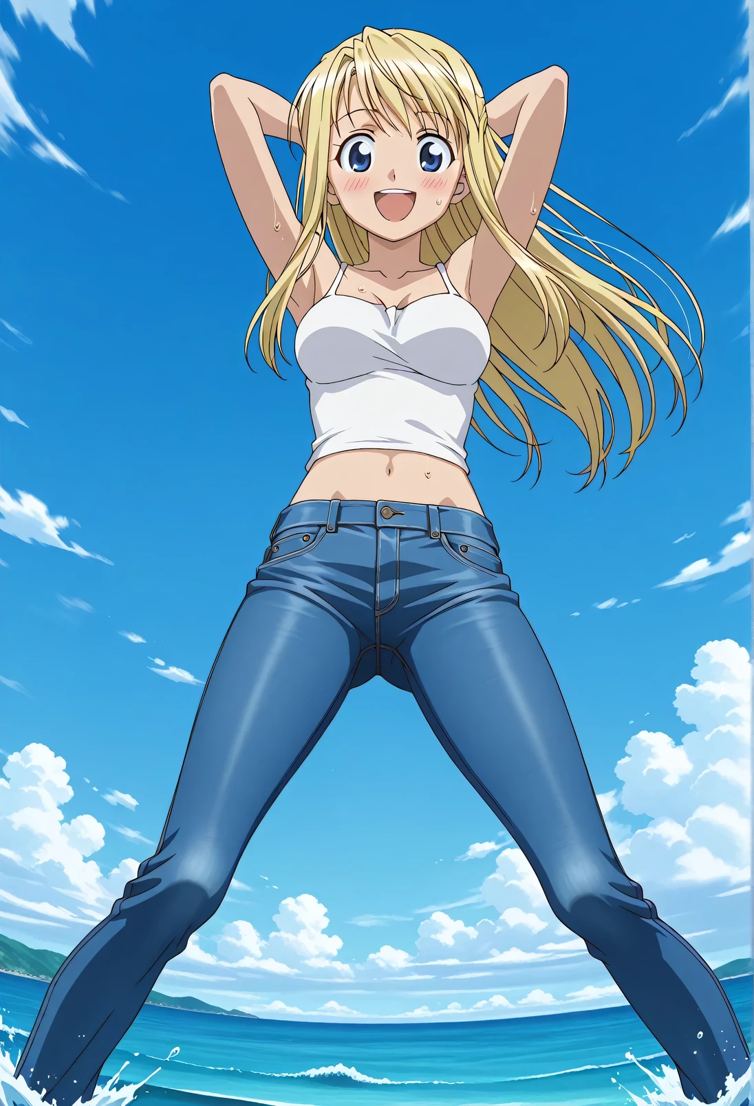 score_9, score_8_up, score_7_up, source_anime, highres, hi res, ((best quality, top quality, perfect quality, Highest Quality, amazing quality)), {{masterpiece}}, {{an extremely delicate and beautiful}}, 2d, intricate details, official style, anime, 8k, anime style, official_anime, official art, digital painting, cell shading, soft shading, high resolution, soothing tones, Subdued Color, Soft cinematic light, adobe lightroom, photolab, HDR, intricately and hyper-detailed, ((high quality animation)), 1 girl, Alone, solo, ((ocean)), tsunami, on the water, day, sunny, outdoors, sky, windy, winry rockbell, blue eyes, blonde hair, long hair, anime screencap, medium breasts, white camisole top, crop top, white crop top, best quality, hyper-detailed jeans, ((blue jeans:1.9)), (dark blue jeans:0.6), full medium body, medium shot, Open mouth, smiling, happy face, blush, sweat, standing, ((arms behind head:6.0)), bowlegged, jumping pose, action, looking at viewer, spread legs, Bend knees slightly, straight-on front view