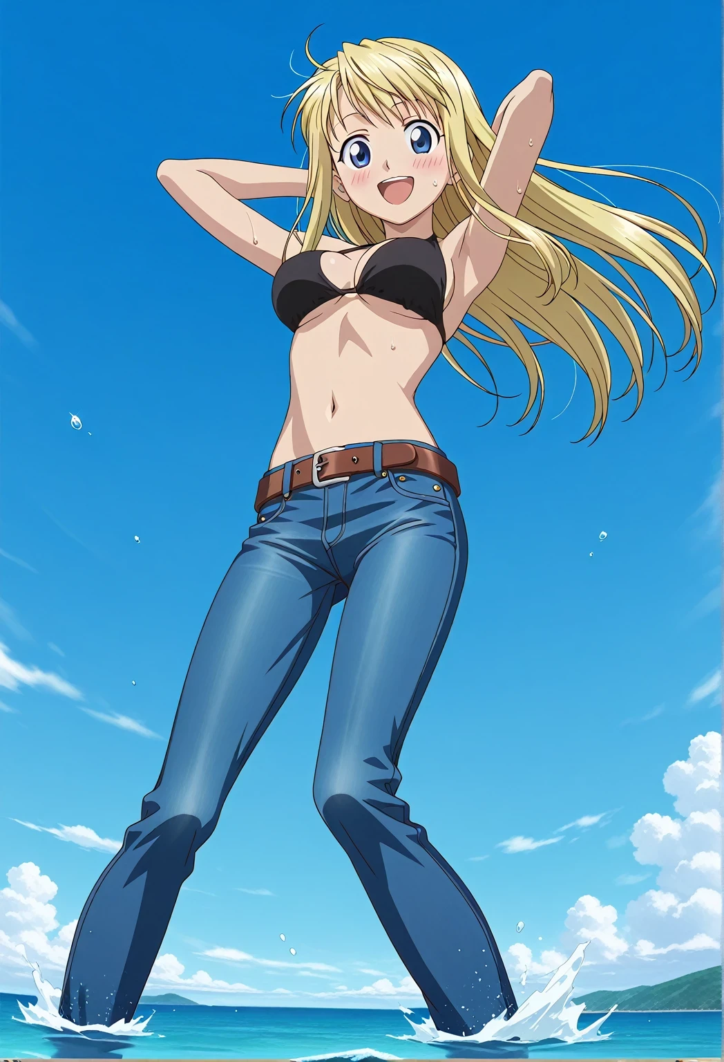 score_9, score_8_up, score_7_up, source_anime, highres, hi res, ((best quality, top quality, perfect quality, Highest Quality, amazing quality)), {{masterpiece}}, {{an extremely delicate and beautiful}}, 2d, intricate details, official style, anime, 8k, anime style, official_anime, official art, digital painting, cell shading, soft shading, high resolution, soothing tones, Subdued Color, Soft cinematic light, adobe lightroom, photolab, HDR, intricately and hyper-detailed, ((high quality animation)), 1 girl, Alone, solo, ((ocean)), tsunami, on the water, day, sunny, outdoors, sky, windy, winry rockbell, blue eyes, blonde hair, long hair, anime screencap, medium breasts, black bikini top, best quality, hyper-detailed jeans, belt, brown belt, ((blue jeans:1.9)), (dark blue jeans:0.6), full medium body, medium shot, Open mouth, smiling, happy face, blush, sweat, standing, ((arms behind head:6.0)), bowlegged, jumping pose, action, looking at viewer, spread legs, Bend knees slightly, straight-on front view