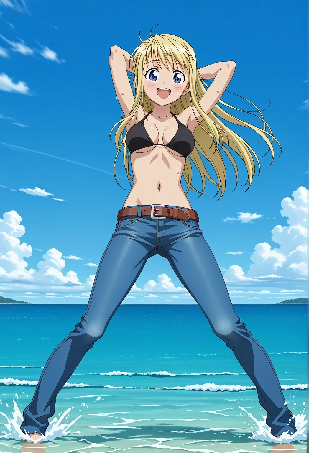score_9, score_8_up, score_7_up, source_anime, highres, hi res, ((best quality, top quality, perfect quality, Highest Quality, amazing quality)), {{masterpiece}}, {{an extremely delicate and beautiful}}, 2d, intricate details, official style, anime, 8k, anime style, official_anime, official art, digital painting, cell shading, soft shading, high resolution, soothing tones, Subdued Color, Soft cinematic light, adobe lightroom, photolab, HDR, intricately and hyper-detailed, ((high quality animation)), 1 girl, Alone, solo, ((ocean)), tsunami, on the water, day, sunny, outdoors, sky, windy, winry rockbell, blue eyes, blonde hair, long hair, anime screencap, medium breasts, black bikini top, best quality, hyper-detailed jeans, belt, brown belt, ((blue jeans:1.9)), (dark blue jeans:0.6), full medium body, medium shot, Open mouth, smiling, happy face, blush, sweat, standing, ((arms behind head:6.0)), bowlegged, jumping pose, action, looking at viewer, spread legs, Bend knees slightly, straight-on front view