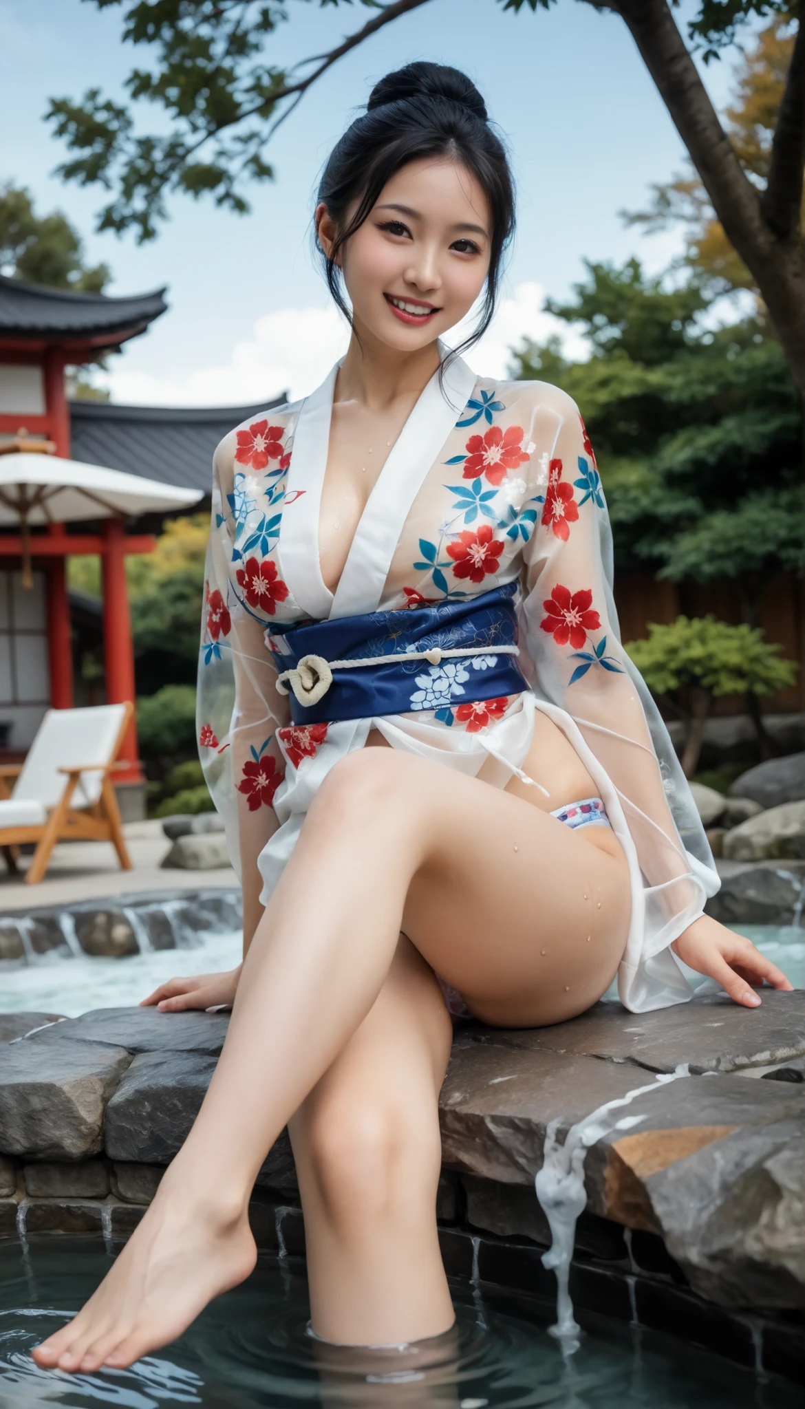最High Quality 、High Quality 、 最high definition、high definition、8K Quality、high image quality 、最High Quality、 masterpiece 、immersive video、 very realistic image 、Realistic Paintings、 perfect details 、 from out of view High contrast 、High Fidelity、 perfect photo without blur、close to reality、 image faithfully reproduced in every detail、 EXQUISITE AND REALISTIC WEAPONS 、 Exquisite and realistic human skin 、 Realistic face in every detail、 realistic eyes with attention to detail 、 Realistic lips drawn with minimal detail 、 detailed and real teeth、Real Ears、 Realistic Hair 、Mansuji、((Japanese Model))、((gravure idol at the seaside in Bali))、((Young face))、((black hair))、((medium rounded breasts))、((Stylish Body ))、(((Sweaty skin all over )))、((Wear a floral kimono made of transparent vinyl,See your skin through a clear vinyl kimono {x} Clear vinyl fits your skin perfectly))、((Wear a floral kimono made of transparent nylon,Clear nylon adheres perfectly to the skin))、((See your skin through a clear vinyl kimono))、((See your skin through a clear nylon kimono))、((Sexy panties visible between her thighs))、((Traditional Japanese Garden))、((Blue Sky))、(((Sitting on a large stone in the garden,Pose to raise one leg and make your thighs look beautiful )))、(((faithfully floating on top of semen hot springs,)))、(((look at her from a random angle)))