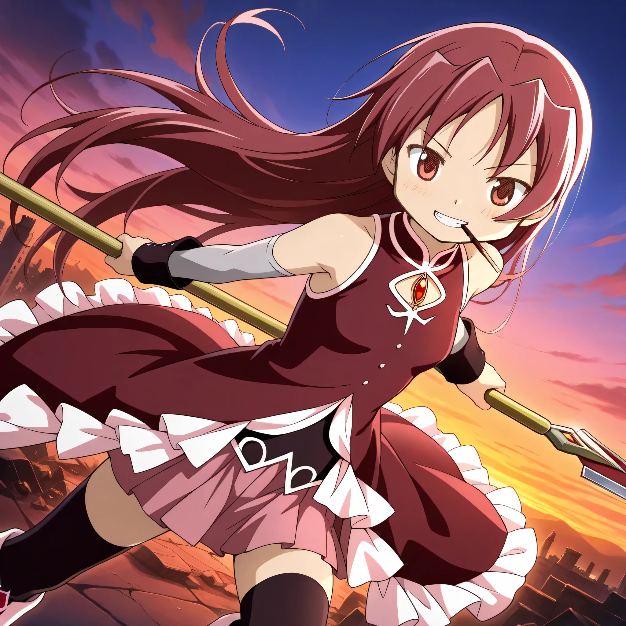 absurdres, highres, masterpiece, best quality, amazing quality, anime style, anime capture, anime screen, 1girl, solo, mahou shoujo madoka magica, sakura kyoko, red eyes, red hair, long hair, hair down, magical girl, red dress, soul gem,  shoulders, detached sleeves, frills, elbow gloves, pink skirt, black thighhighs, red knee boots, holding polearm, grin, clenched teeth, pocky, mouth hold, upper body focus, fighting stance, looking at viewer, dutch angle, outdoors, ruined town, sunset