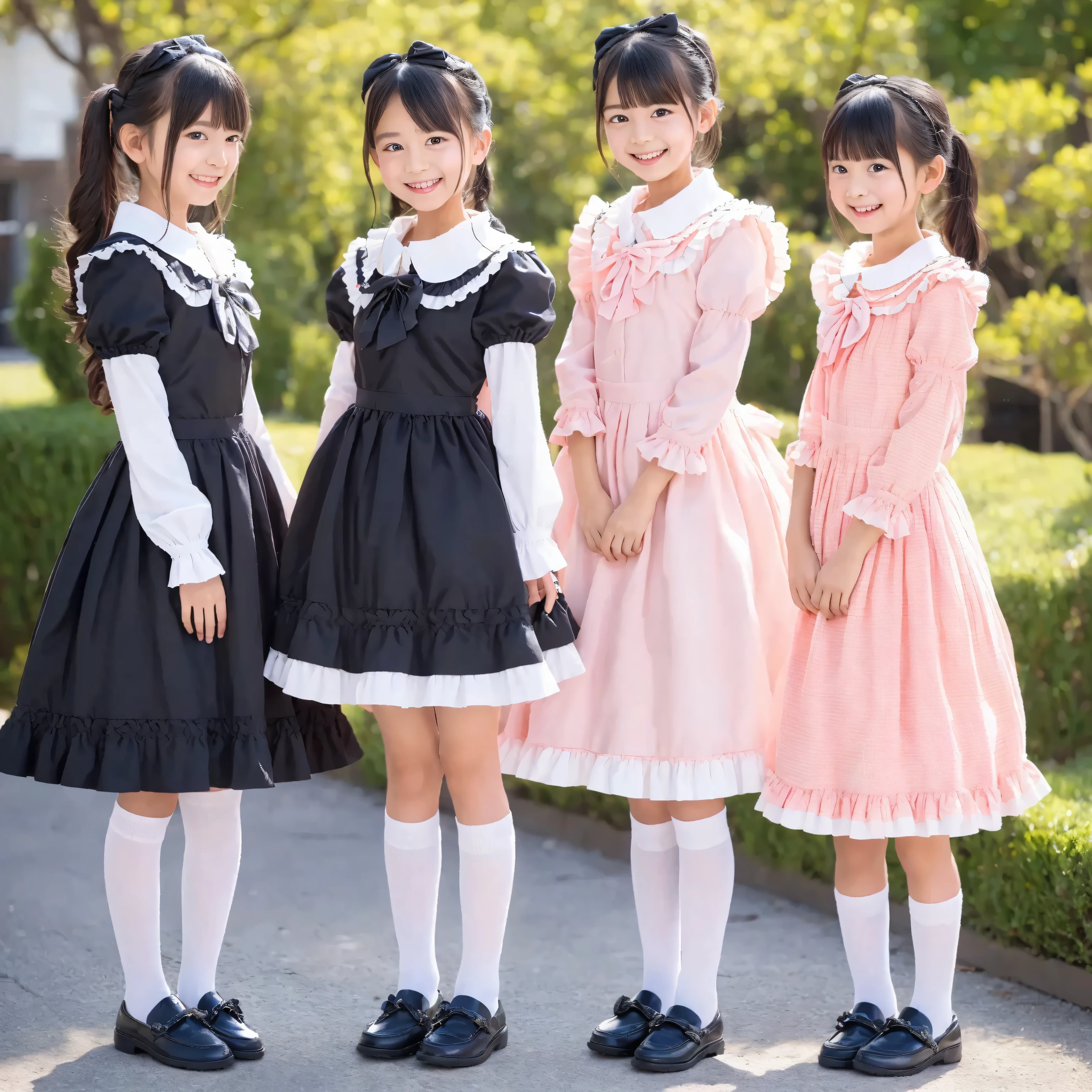 ((  Distant view,full body,standing:1.2)),Highest Quality, masterpiece, highest resolution, art work, super それにget used to it, many get used to it, get used to it, それにget used to it, 3k photos,,three noble women sit indoors across the street,. ((10 year old Japanese girl,Dark Haired)),Get used to an ultra-thin young face,lovely smile,Baby-Like Face,Ultra High Definition,  complicated details,  Back hair tied with a ribbon,smile,The pastel-colored dress 、nicely decorated with ruffles and ribbons, （round large ruffle collar,bow tie,long sleeve,    ruffle sleeve    ,White Ruffle Blouse,Ruffle placket,   ruffles are cute    ,ruffle skirt,Very Elaborate Costume:1.3),(medium skirt)),long black socks with ruffles,loafers,small breasts,detailed background,