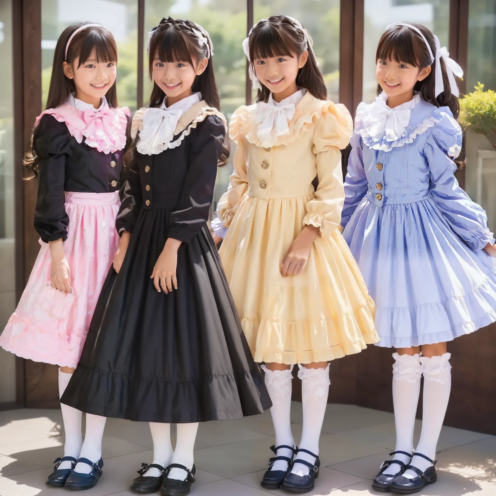 ((  Distant view,full body,standing:1.2)),Highest Quality, masterpiece, highest resolution, art work, super それにget used to it, many get used to it, get used to it, それにget used to it, 3k photos,,three noble women sit indoors across the street,. ((10 year old Japanese girl,Dark Haired)),Get used to an ultra-thin young face,lovely smile,Baby-Like Face,Ultra High Definition,  complicated details,  Back hair tied with a ribbon,smile,pastel colored silk satin dress、nicely decorated with ruffles and ribbons, （round large ruffle collar,bow tie,long sleeve,    ruffle sleeve    ,White Ruffle Blouse,Ruffle placket,   ruffles are cute    ,ruffle skirt,Very Elaborate Costume:1.3),((medium skirt,Puffy skirt,Voluminous Skirt:1.0)),long black socks with ruffles,loafers,small breasts,detailed background,