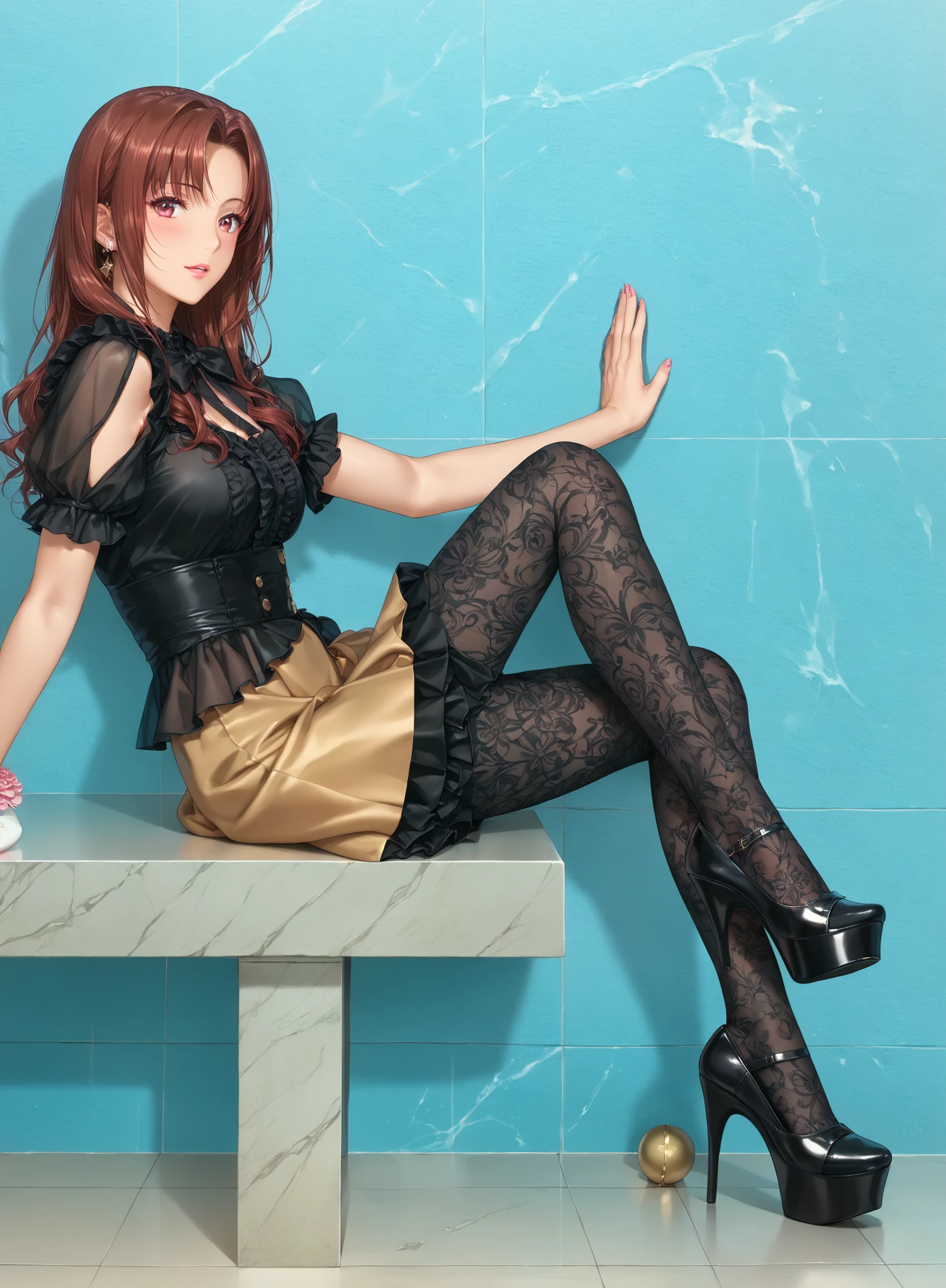 ((inspired by )),((inspired by Animation Style:1.5)),(masterpiece, best quality),beautiful, beautiful-woman, ((detailed face)).(full body:1.3)., 
, 
,

((The woman is wearing  jirai-kei fashion)),pink frilled shirt with short puff sleeves, black neck ribbon,and high waist skirt with black frilled see-through knee-highs-socks ,(platform footwear). ,jirai kei,twin-tail, ((frilled see-through socks:1.2)),

background is hotel.
