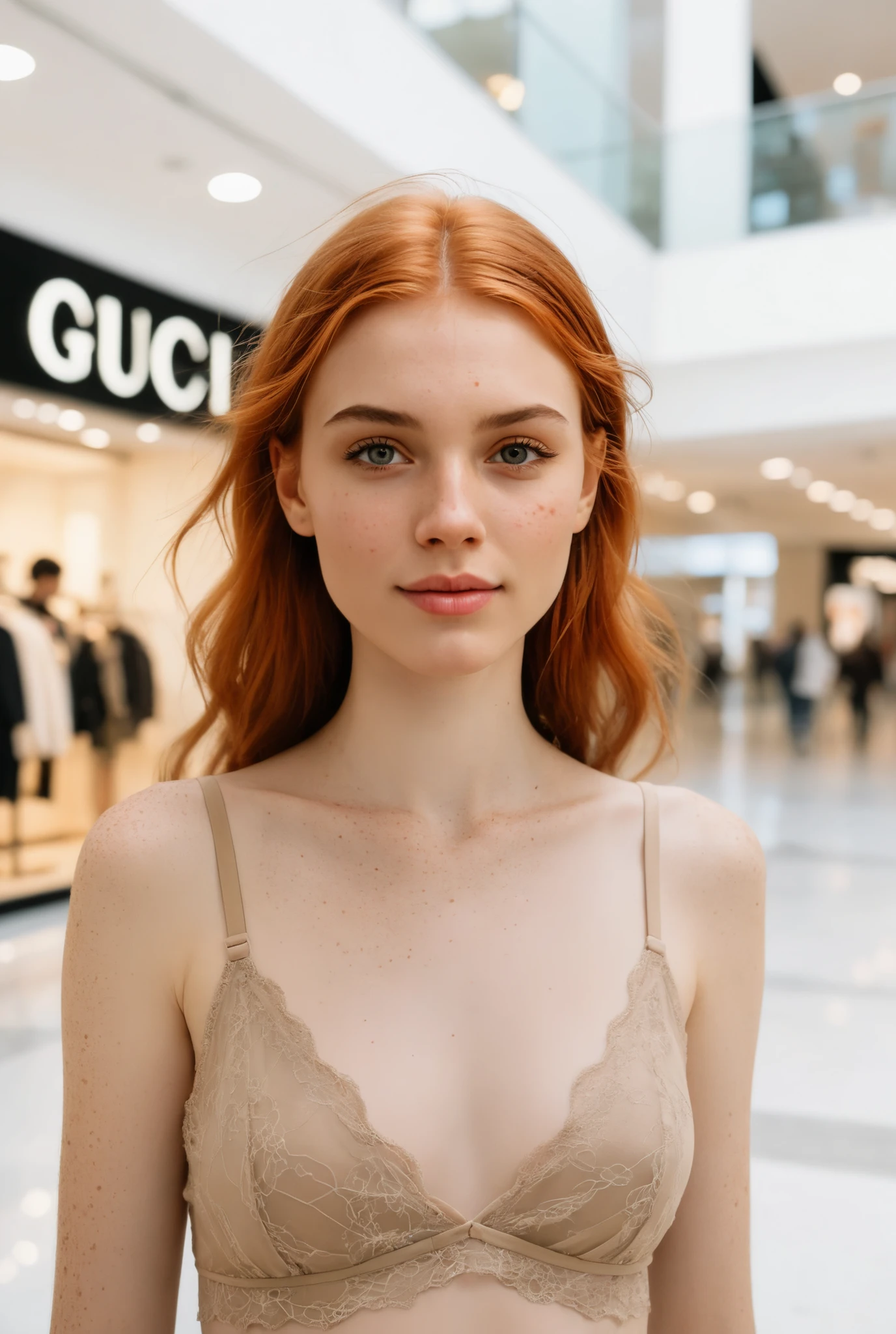 Medium body portrait of a beautiful young woman, of approximately 21 years old, of very light skin with many natural freckles visible on the face, the chest and the shoulders. She has long hair, slightly wavy, copper red , combed with a side stripe and gently moved by the wind. her eyes are soft green, large and expressive, with a fixed and intense look. natural and long eyelashes. Symmetrical facial features,  defined cheekbones, small straight nose, full lips slightly parted with a subtle half smile. She wears a top or blouse with thin straps with lace, of a neutral color . He is standing in a mall with a GUCCI store behind and blurred in the background. The white light of the mall gently illuminates her face, highlighting the natural texture of the skin. Hyperrealistic photographic style, taken on iPhone 13 Pro Apple, 77mm f/2.8, 1/100s ISO25, focus on the face, cinematic and realistic background.