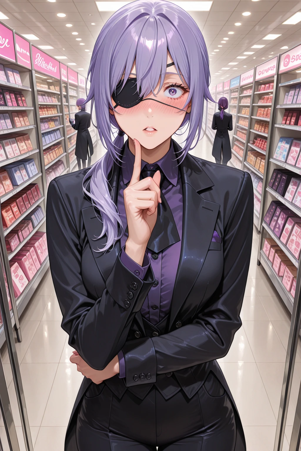 purple,High cut layered hair,woman,bartender,vest,shirt,tie,pants,high heels,all,simple background,smile,whole body,full body,full body,Standing picture,vtuber,upright,,look forward to,body facing forward