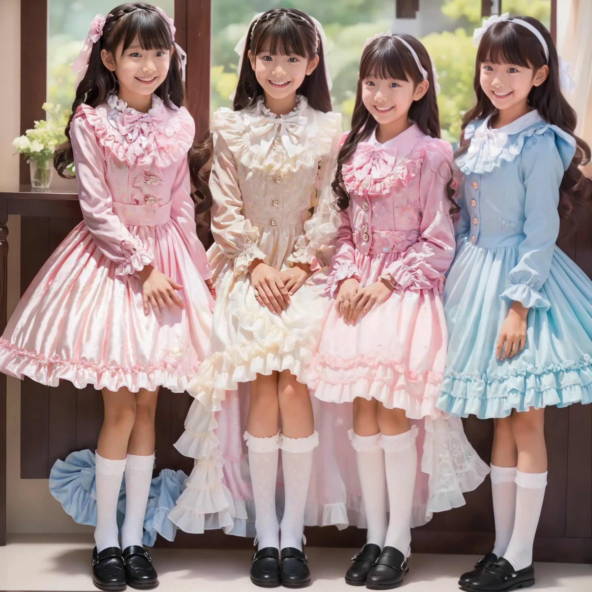 ((  Distant view,full body,standing:1.2)),Highest Quality, masterpiece, highest resolution, art work, super それにget used to it, many get used to it, get used to it, それにget used to it, 3k photos,,three noble women sit indoors across the street,. ((10 year old Japanese girl,Dark Haired)),Get used to an ultra-thin young face,lovely smile,Baby-Like Face,Ultra High Definition,  complicated details,  Back hair tied with a ribbon,smile,pastel colored silk satin dress、nicely decorated with ruffles and ribbons, （round large ruffle collar,bow tie,long sleeve,    ruffle sleeve    ,White Ruffle Blouse,Ruffle placket,   ruffles are cute    ,ruffle skirt,Very Elaborate Costume:1.3),((medium skirt,Puffy skirt,Voluminous Skirt:1.0)),long black socks with ruffles,loafers,small breasts,detailed background,