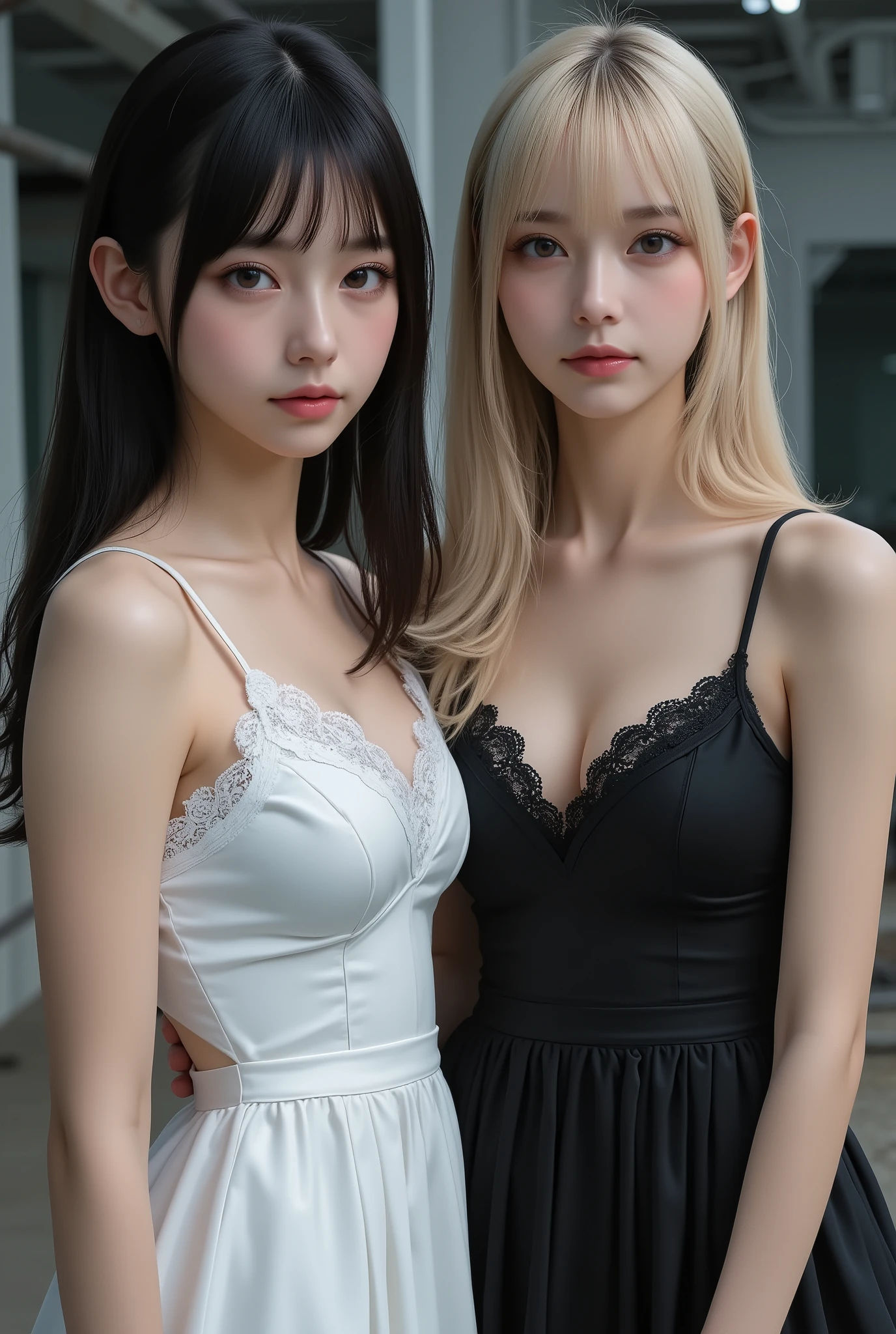 masterpiece、Highest Quality、Realistic,8k,{{cosplay、Beautiful girl、メスガキのcosplay、dark haired、Blonde}}、looking here,2girls,bust up,black camisole dress,white camisole dress