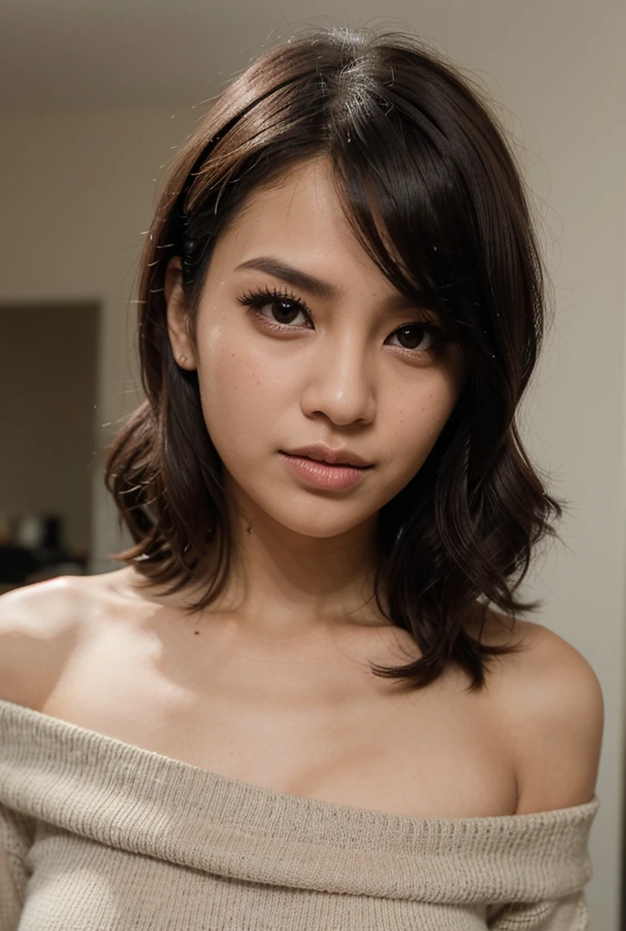 Indonesian girl, (small ),  pose in the bed,  and lust-inducing poses, glossy  painting, ultra-detailed, professional, vivid colors, bokeh, soft lighting