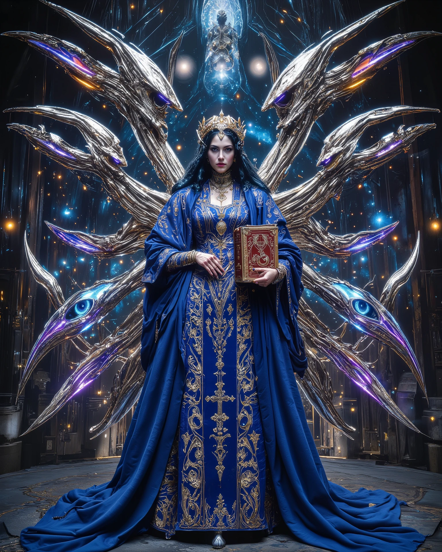 Surreal Paintings, An extravagant, mysterious female figure dressed in intricately embroidered cobalt blue sexy medieval clothing , A jeweled rosary necklace with a large crucifix rests on her shoulder,Allusions to a historical or religious background or past lives, her hands are tightly gripping a very ancient illuminated book of Alchemy and Angelic Enochian magic, with arcane graphs and suggesting studiousness and contemplation, A number of abstract shapes and dragon heads, cyclops things and creatures of myth blend seamlessly around the mysterious figure's head,Set against a vivid , an alien cosmic montage of strange vistas of backdrop, Jagged iridescent geometric shapes, The background features celestial bodies such as planets and moons,Above these shapes are disarticulated eyes,Adding to the dreamy, mysterious atmosphere, The scene is set in a dark, expansive temple open to the sky, Suggesting a journey through time and space, The contrast of light and shadow, Fantastic Mood, A visually appealing piece, Deep symbolism, Various interpretations,