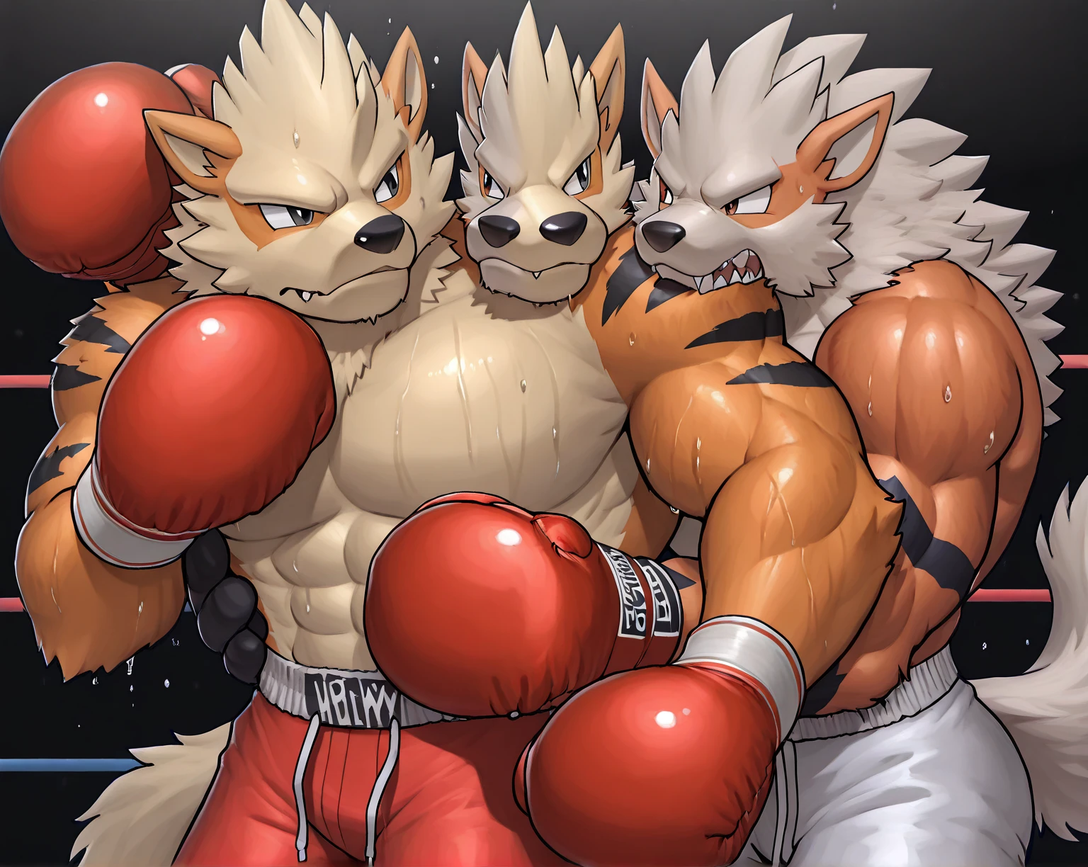 ultra quality:1.4, 4k, high resolution, best quality, perfect colors, (smooth comics style, cel shaded:1.1), (by takemoto_arashi, by wfa, by negger:1.1), two characters, kurama:1.1, weregarurumon:1.1, kurama and weregarurumon fistfighting, boxing, very muscular, heavyweight, thick build, anime martial arts, sweat:1.4, steaming body, strong, very masculine, boxing ring background, fighting scene, punching, throwing blows, dynamic scene, punching each other,  fist, detailed face, detailed mouth, detailed eyes