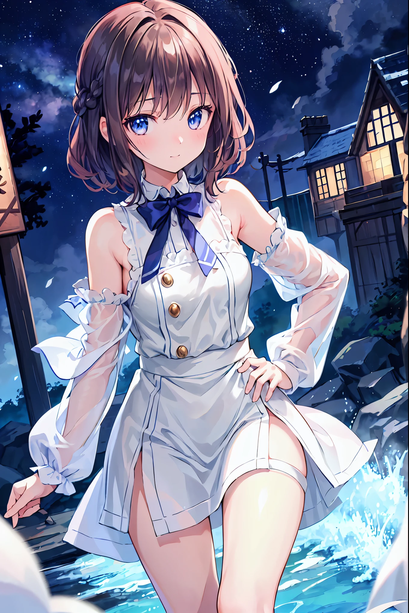 Haunted Castle、Late Night、The girl who lost her way、long black hair，Smartphone in hand、Smartphone light、Lightning echoes、girl wet in the rain、big mansion like a castle、 Ghosts、dimly lit room、State of Ruins、Only ghost eyes light up，shortcuts，unkempt hair，Short braided hair，Neat，slender beauty，correct posture，small breasted，Beautiful legs，Enchanting Gray-Blue Eyes Shine Like Stars，Saggy Eyes，Brilliant Colors,beautiful eyes,A delicate smile,Textured Skin,Best quality at its best,gentle and beautiful woman,anime style､Seimitsu、4K resolution、High Quality、Super Detailed、Realistic、Realistic、HDR、UHD、STUDIO LIGHT、Transcendental Depiction、Clear Focus、PBR Rendering、professional、Brilliant Colors彩、bokeh effect