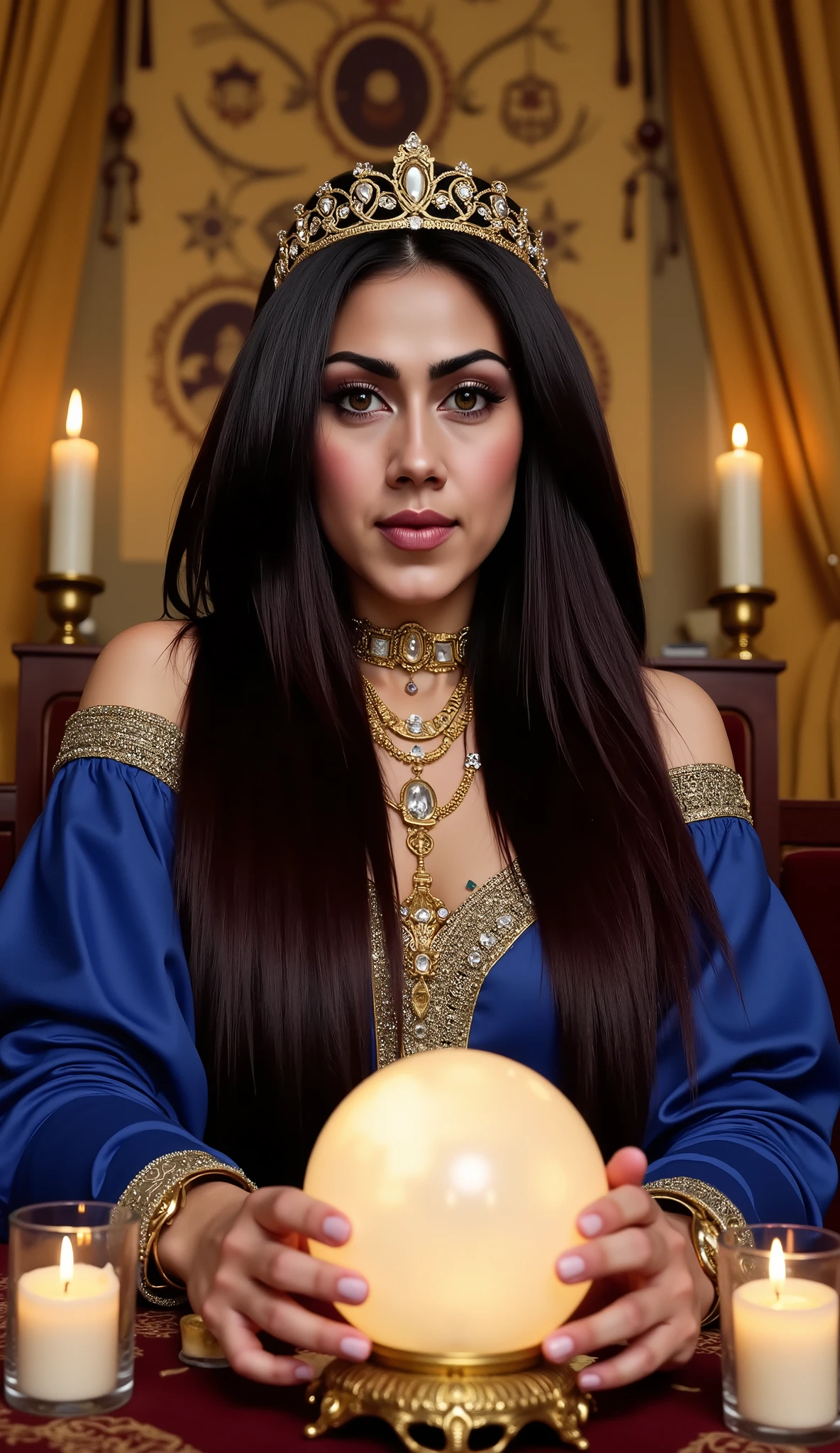 Realistic portrait of a mystical woman with long, wavy black hair, wearing an elegant blue medieval-style dress. She is seated at a table with an illuminated crystal ball. The scene is softly lit by candles, creating a magical, intimate and mysterious atmosphere. In the background, golden curtains and tapestries with esoteric symbols, with decoration inspired by the Gothic and Renaissance styles. She wears a gold tiara with jewels and several gold necklaces. Her gaze is intense and enigmatic, as if she were reading fate. Her expression is serious and imposing.