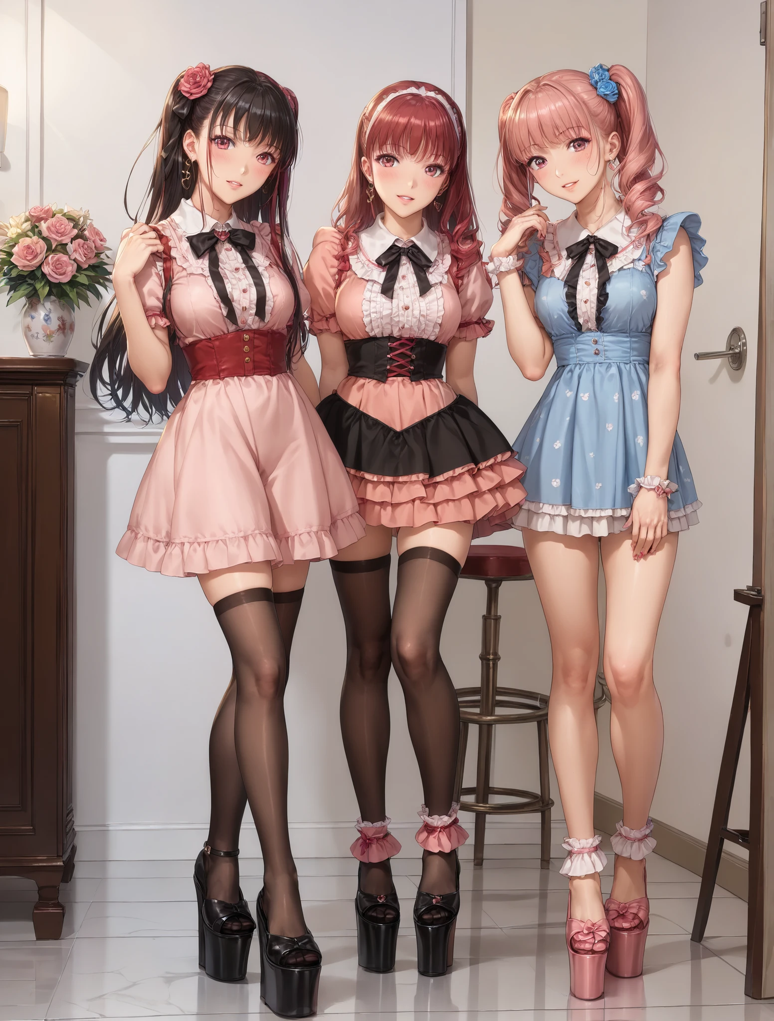 ((inspired by )),((inspired by Animation Style:1.5)),(masterpiece, best quality),beautiful, beautiful-woman, ((detailed face)).(full body:1.3).,
,
,
((The woman is wearing jirai-kei fashion)),pink frilled shirt with short puff sleeves, black neck ribbon,and high waist skirt with black frilled see-through knee-highs-socks ,(platform footwear). ,jirai kei,twin-tail, ((frilled see-through socks:1.2)),
background is hotel.