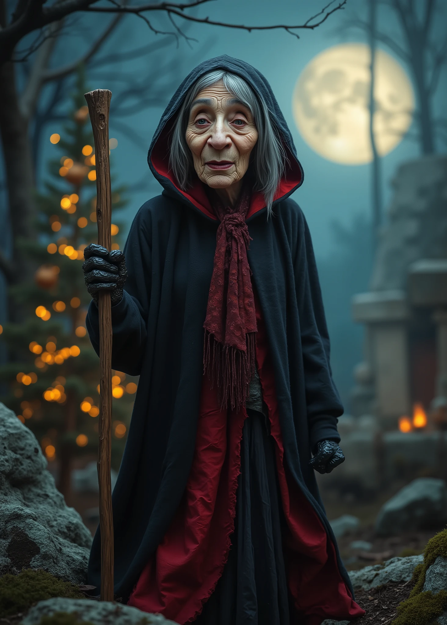 Halloween and Christmas Fusion、Realistic grey haired old woman、Big aquiline nose、Big Split Mouth、crooked posture、Long walking stick、dead tree、stone tomb、bonfire、 warm light shines on the 、Moonlit Night、Christmas tree、3D,high image quality、wearing a dingy black and red cloak with a hood、inspired by Tim Burton、Terrified Old Woman、Glaring Eyes