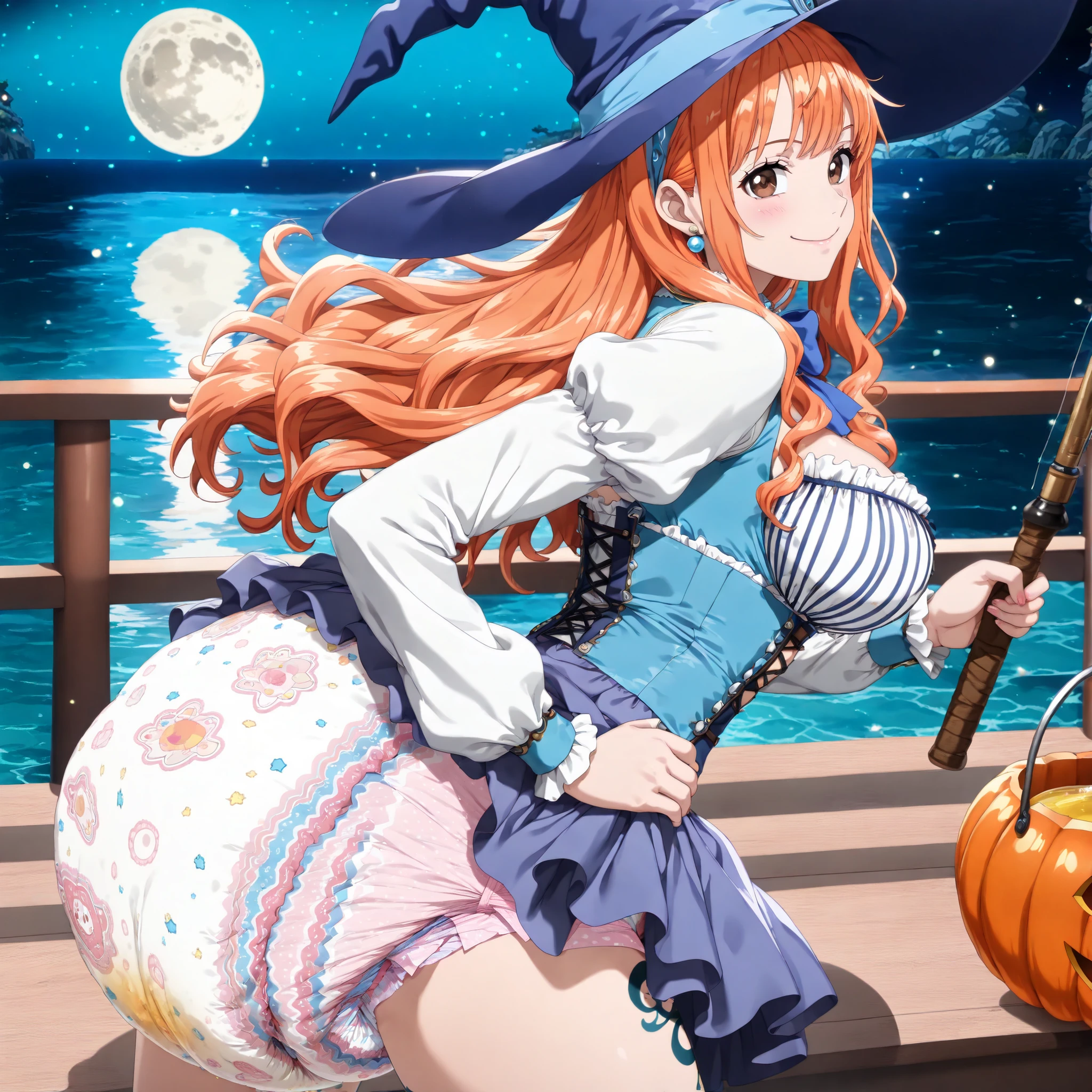 (from side), (closed-up, from above), cowboy shot, outdoors, at night, halloween, (at the modern pier), anatomically correct, (4 fingers, (1 thumb)), solo,1 girl, fishing on the pier, looking at viewer, smile, eyes open, closed mouth, (blush:0.8), (Tilting the head forward), (holding a fishing rod), (Opening the hip joint:1.1, legs apart), (aanami, long hair, orange hair, earrings, brown eyes, large breasts, anime coloring, long hair, blue witch hat headband with ribbon, blue corset-style bodice with white striped bust cups, long sleeves, puff sleeves, lace-up blue ribbon front, layered skirt with blue lace overlay:1.1, thigh tattoo), (curvy:1.2), anime screencap, anime coloring, (a pumpkin bucket on the left side), (wearing thick diaper under the skirt:1.3, high-waist puffy diaper under the skirt:1.3), ocean in the back, caustics, reflective water, night sky, (moon:0.9, in the distance), (urine filled diaper), abu bunnyhopps, wide hip, (thick thighs:1.2, huge butt:1.2), (top light, moon light, low light, light particles:0.9, high contrast, long shadows), (masterpiece, detailed:1.2, vibrant, very aesthetic, amazing quality),