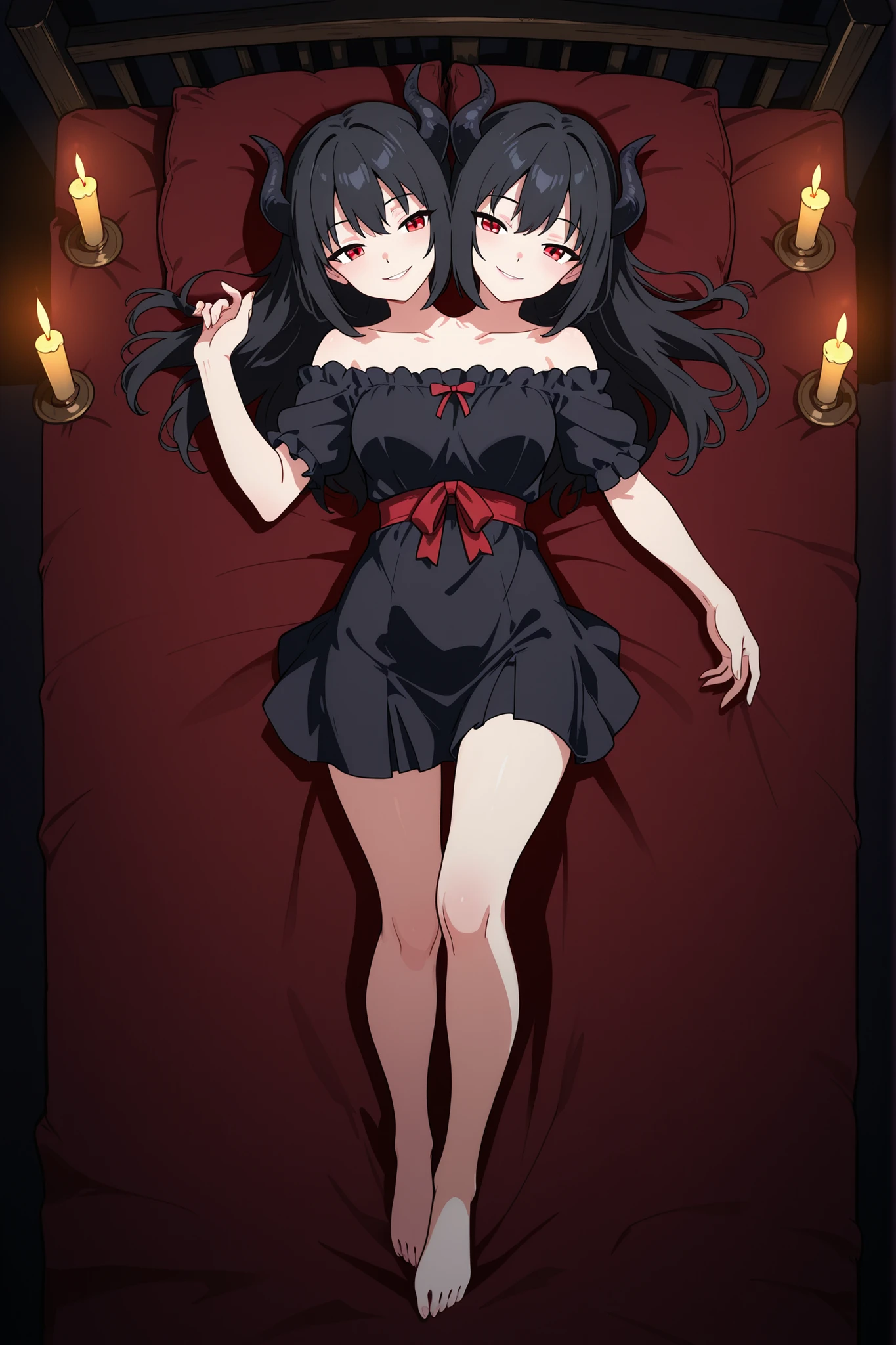 conjoined, anime girl with two heads, succubus, black hair, red eyes, lying on a bed, smiling, seductive, dark environment, candlelight, dynamic view angle from above