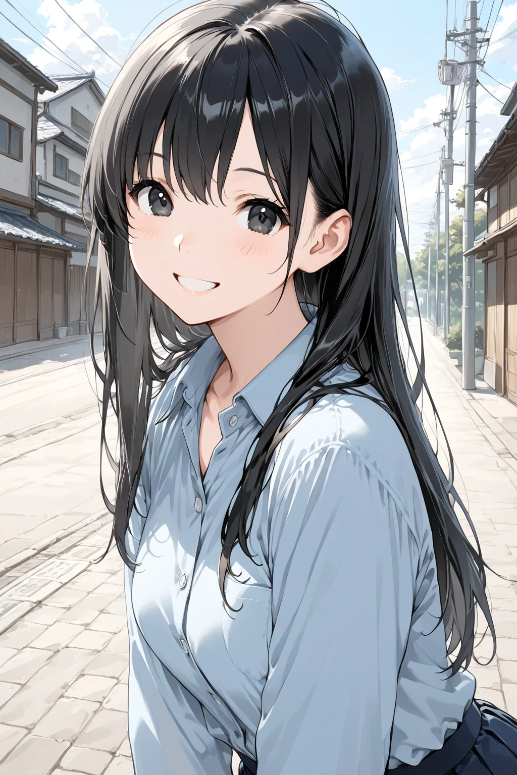 A work depicting a scene from a manga for adults, ((Stand up and straddle、Hitting the crotch on the corner of a car stop, Outdoor))), Pleated skirt, blush, Plastic bag, Round face, Realistic sized eyes, Droopy eyes, blush, Smile of shame, Spread your  your mouth,