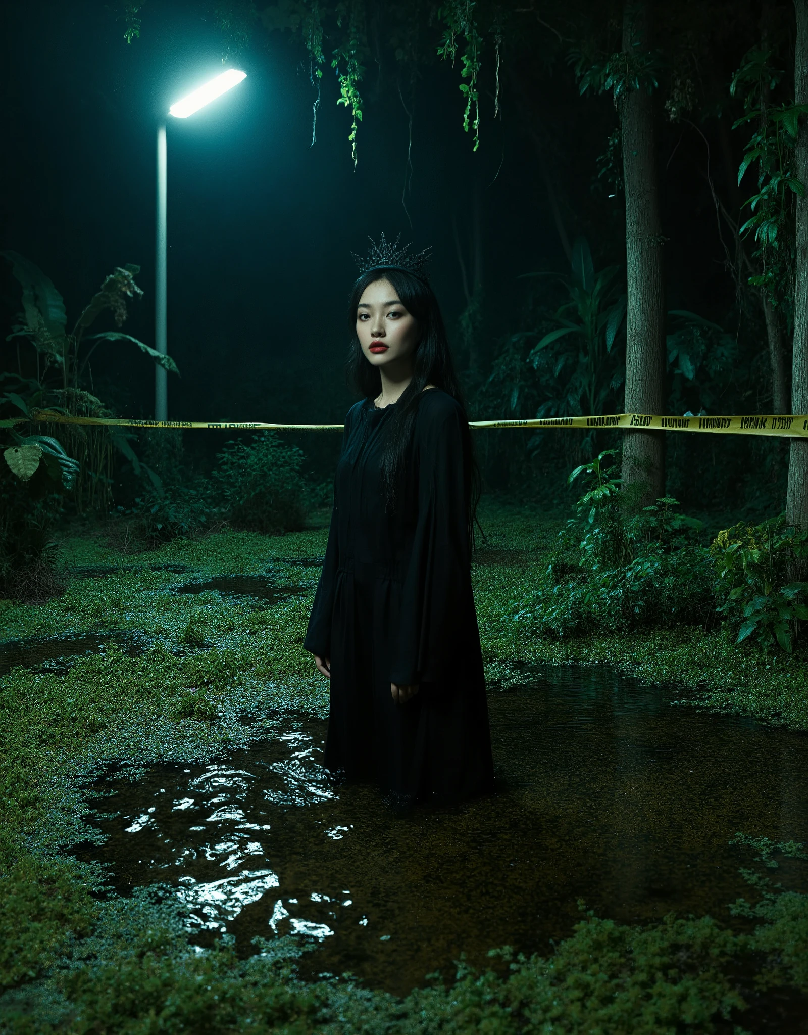 close-up, group of people watching, How (женщина топит себя standing в тесном крошечном загрязнённом болоте яме, warning tape, Professional bright night light, black, detailed portrait of a woman in a funeral dress with epic), lonely and desperate, drowning in the dark, viscous swamp, surrounded by textured green-brown plants, dramatic night lighting, photorealistic highly detailed artwork, HDR, professional effects, incredible detail, bright rich colors, duckweed, standing, sight, Detailed lips, bright colors