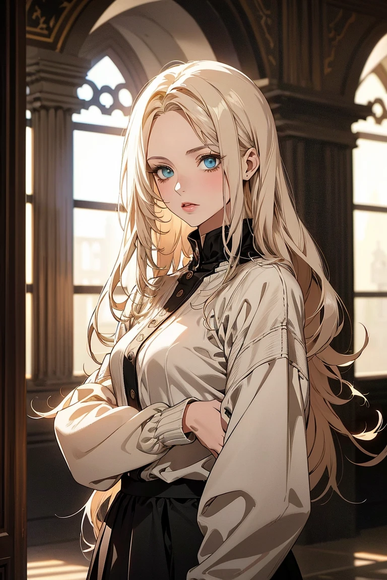 (extreamly delicate and beautiful:1.2), 8K,(masterpiece:1.0),(best_quality:1.0), 1 girl, and intricate detailing, Enlarged textures, and intricate detailing, finely eye and detailed face, and intricate detailing, shiraga, platinum blonde curls long hair, (closed mouths), Perfect eyes, Equal eyes, carolina eyes (A famale god) with crop top modern, cardigan modern T-shirt croptop with red short skirt, carolina eyes perfect