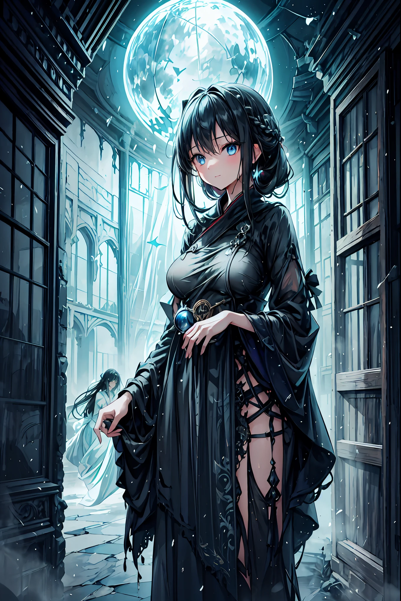 Haunted Castle、1 Midnight、The girl who lost her way、long black hair,Lanterns in hands、Lantern Lights、Lightning echoes、girl wet in the rain、big mansion like a castle、 Ghosts、dimly lit room、State of Ruins、Only ghost eyes light up,shortcuts,unkempt hair,Short braided hair,Neat,slender beauty,correct posture,small breasted,Beautiful legs,Enchanting Gray-Blue Eyes Shine Like Stars,Saggy Eyes,Brilliant Colors,beautiful eyes,A delicate smile,Textured Skin,Best quality at its best,gentle and beautiful woman,anime style、Seimitsu、4K resolution、High Quality、Super Detailed、Realistic、Realistic、HDR、UHD、STUDIO LIGHT、Transcendental Depiction、Clear Focus、PBR Rendering、professional、Brilliant Colors彩、bokeh effect