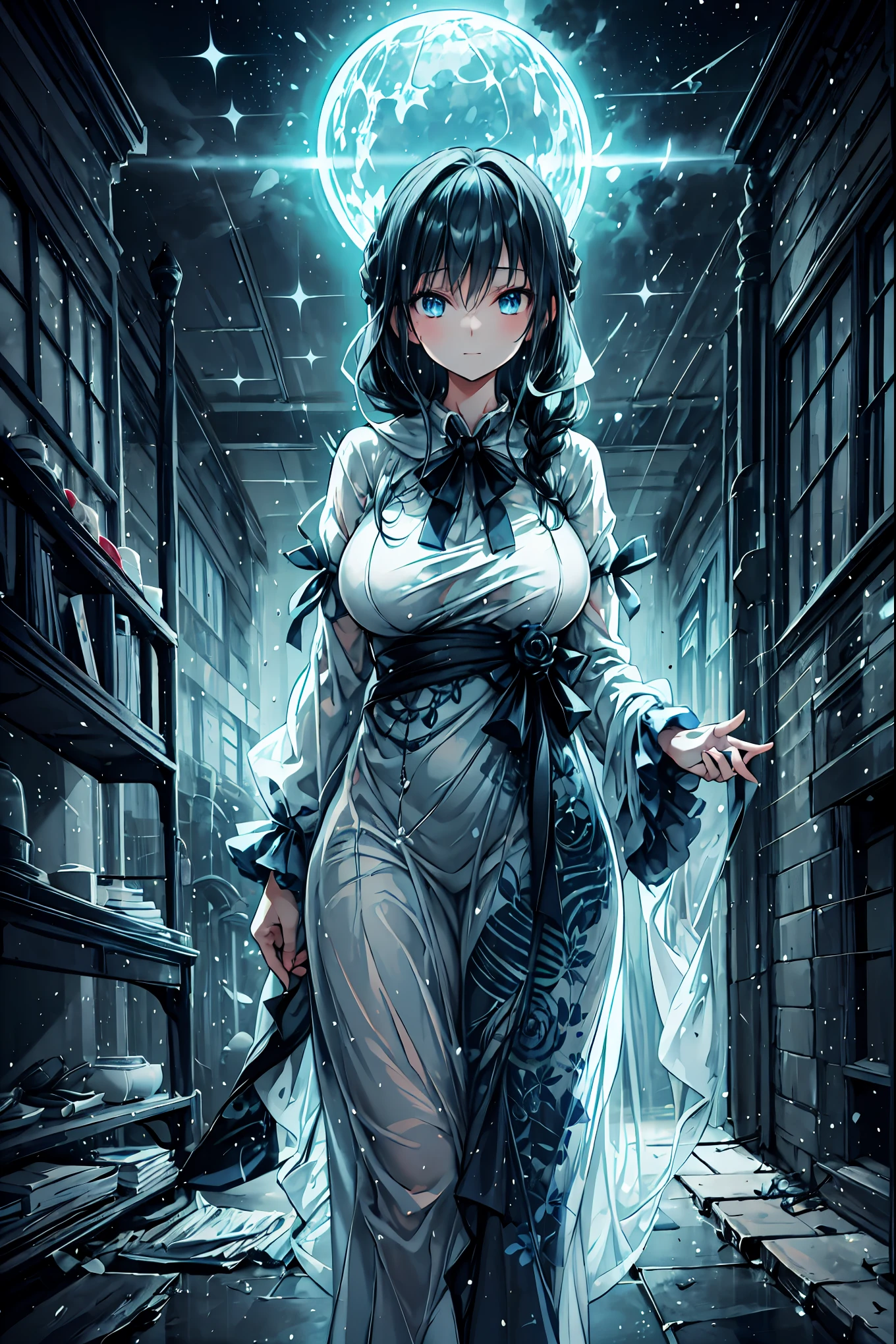 Haunted Castle、1 Midnight、The girl who lost her way、long black hair,Lanterns in hands、Lantern Lights、Lightning echoes、girl wet in the rain、big mansion like a castle、 Ghosts、dimly lit room、State of Ruins、Only ghost eyes light up,shortcuts,unkempt hair,Short braided hair,Neat,slender beauty,correct posture,small breasted,Beautiful legs,Enchanting Gray-Blue Eyes Shine Like Stars,Saggy Eyes,Brilliant Colors,beautiful eyes,A delicate smile,Textured Skin,Best quality at its best,gentle and beautiful woman,anime style、Seimitsu、4K resolution、High Quality、Super Detailed、Realistic、Realistic、HDR、UHD、STUDIO LIGHT、Transcendental Depiction、Clear Focus、PBR Rendering、Professional、Brilliant Colors彩、bokeh effect