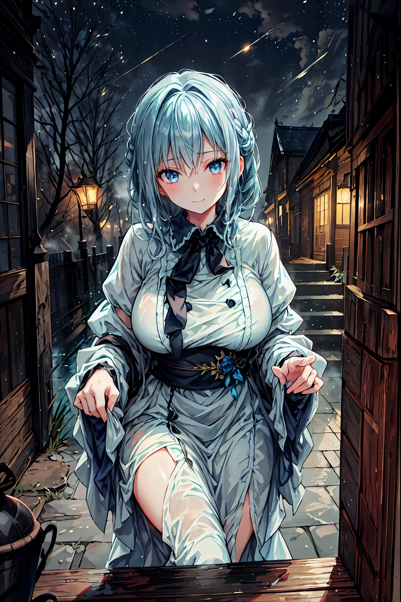 Haunted Castle、1 Midnight、The girl who lost her way、long black hair,Lanterns in hands、Lantern Lights、Lightning echoes、girl wet in the rain、big mansion like a castle、 Ghosts、dimly lit room、State of Ruins、Only ghost eyes light up,shortcuts,unkempt hair,Short braided hair,Neat,slender beauty,correct posture,small breasted,Beautiful legs,Enchanting Gray-Blue Eyes Shine Like Stars,Saggy Eyes,Brilliant Colors,beautiful eyes,A delicate smile,Textured Skin,Best quality at its best,gentle and beautiful woman,anime style、Seimitsu、4K resolution、High Quality、Super Detailed、Realistic、Realistic、HDR、UHD、STUDIO LIGHT、Transcendental Depiction、Clear Focus、PBR Rendering、professional、Brilliant Colors彩、bokeh effect