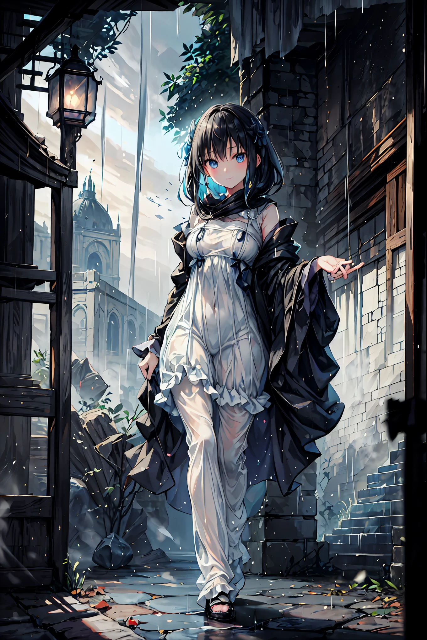 Haunted Castle、1 Midnight、The girl who lost her way、long black hair,Lanterns in hands、Lantern Lights、Lightning echoes、girl wet in the rain、big mansion like a castle、 Ghosts、dimly lit room、State of Ruins、Only ghost eyes light up,shortcuts,unkempt hair,Short braided hair,Neat,slender beauty,correct posture,small breasted,Beautiful legs,Enchanting Gray-Blue Eyes Shine Like Stars,Saggy Eyes,Brilliant Colors,beautiful eyes,A delicate smile,Textured Skin,Best quality at its best,gentle and beautiful woman,anime style、Seimitsu、4K resolution、High Quality、Super Detailed、Realistic、Realistic、HDR、UHD、STUDIO LIGHT、Transcendental Depiction、Clear Focus、PBR Rendering、Professional、Brilliant Colors彩、bokeh effect