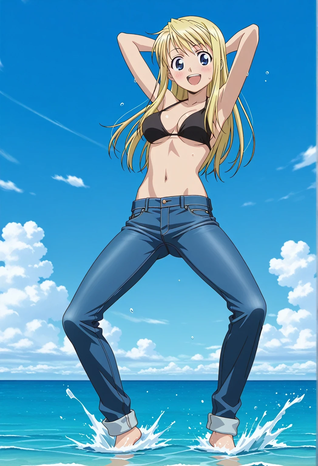 score_9, score_8_up, score_7_up, source_anime, highres, hi res, ((best quality, top quality, perfect quality, Highest Quality, amazing quality)), {{masterpiece}}, {{an extremely delicate and beautiful}}, 2d, intricate details, official style, anime, 8k, anime style, official_anime, official art, digital painting, cell shading, soft shading, high resolution, soothing tones, Subdued Color, Soft cinematic light, adobe lightroom, photolab, HDR, intricately and hyper-detailed, ((high quality animation)), 1 girl, Alone, solo, ((ocean)), tsunami, on the water, day, sunny, outdoors, sky, windy, winry rockbell, blue eyes, blonde hair, long hair, anime screencap, medium breasts, black bikini top, best quality, hyper-detailed jeans, ((blue jeans:1.9)), (dark blue jeans:0.6), full medium body, medium shot, Open mouth, smiling, happy face, blush, sweat, standing, ((arms behind head:6.0)), bowlegged, jumping pose, action, looking at viewer, spread legs, Bend knees slightly, straight-on front view