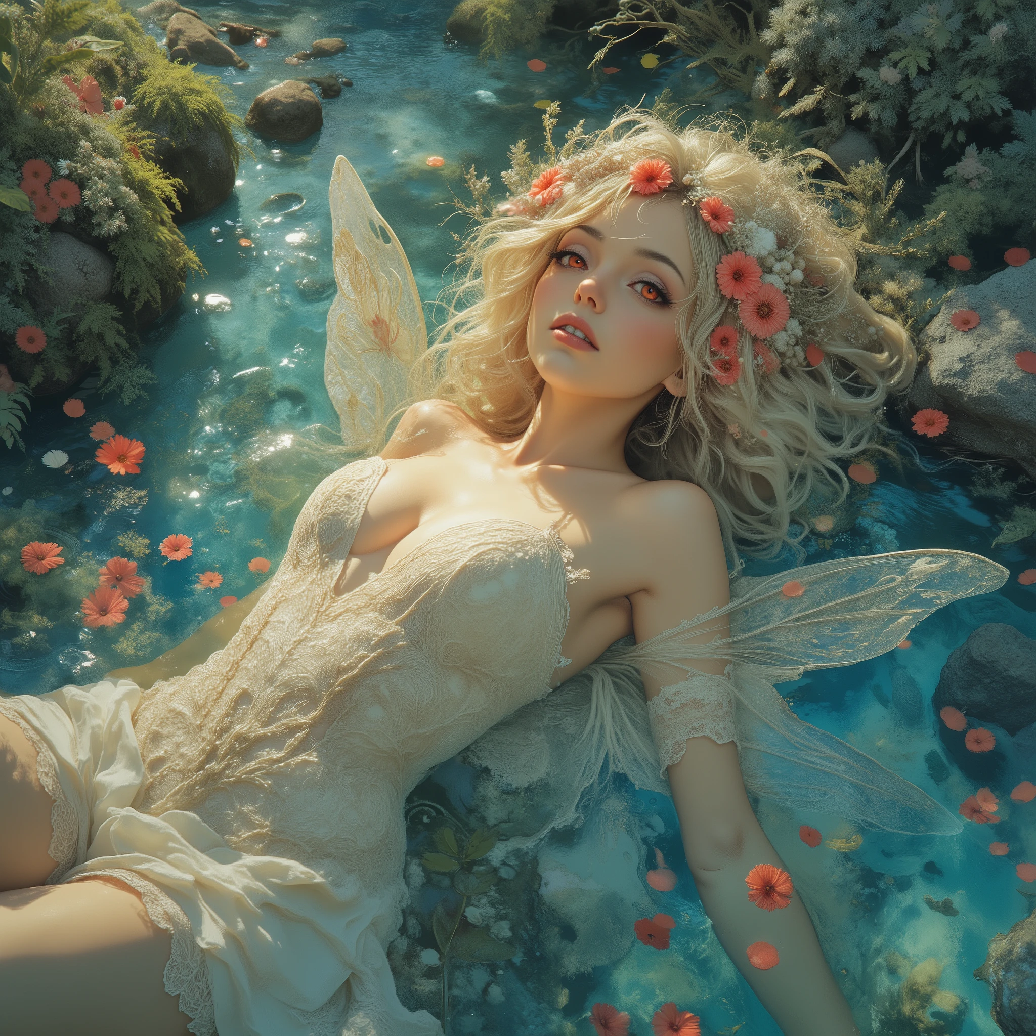 big breasts,Detailed hand,Hand,Perfect hand,helen wells,CharacterDesignFLUX,reference sheet,white background,simple background,multiple views, upper body, front, from side, color palette reference,high_detailed, captured in high detail,magic particles, multiple references,赤い瞳のフェアリープリンセス、完璧な解剖学、フルボディ、真上からの視点、小川に仰向けに横たわっている、透明な水、美しい顔、妖精の翼、繊細な光の反射、自然な森の環境、花びらが水面に浮かぶ、マスターピース、トップクオリティ、高品質イラスト、ファンタジー世界観、動的な光、鮮明なフォーカス、魅力的、色彩豊か、神秘的な雰囲気、プロフェッショナル撮影、解剖学的に正しい、最高品質、4K、8k、高解像度、傑作、超詳細、(realistic, photorealistic, photo-realistic:1.37)、HDR、超高解像度、スタジオライティング、超高精細絵画、物理ベースのレンダリング、非常に詳細な描写、プロフェッショナル、明るい色、ボケ