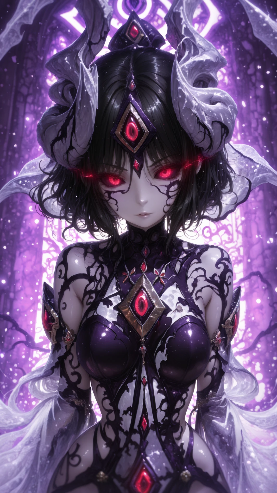 (Best quality, Dramatic cinematic lighting, High gloss finish, Masterpiece:1.5, Natural lights, Semi-realistic, Super details, Ultra detailed:1.5, Ultra HD, 32K),
solo, Shem-Ha, black hair, short hair, glowing eyes, red eyes, black sclera, indoor, evil, corruption, purple eye shadow, pale white skin, mature woman, Tight waist、Small waist、shiny Skin , sexy, (adult woman, 25+)
Subject: A close-up portrait of a timeless enchantress — a beautiful and dangerous yokai-like woman with mesmerizing scarlet eyes and porcelain skin. Her expression carries both allure and quiet menace, as if she holds ancient secrets within her gaze.
Design & Concept: She wears intricate garments inspired by both Heian-era elegance and dark fantasy aesthetics — layered silk robes with subtle crimson patterns that shimmer like living embers. Wisps of ethereal mist curl around her, and faint spirit flames drift through the air. Her long, flowing hair glimmers with shades of deep rose and black, and faint markings glow faintly upon her skin — symbols of forbidden power. A few delicate, horn-like ornaments rise from her head, smooth and graceful, adding to her demonic allure.
Background: A moonlit dreamscape filled with drifting petals and spectral light. A crimson moon hangs low behind her, illuminating the misty landscape — ancient temple ruins, floating sakura blossoms, and faint spirit orbs glowing in the distance.
Mood & Style: Ethereal, seductive, and dangerous — blending Japanese folklore with gothic romanticism. The atmosphere should evoke beauty entwined with dread; the feeling of an ancient being whose grace conceals immense power.
Artistic Tags: cinematic portrait, dark fantasy, yokai beauty, ethereal lighting, hyperreal illustration, ultra-detail, bokeh, luminous atmosphere, moonlit scene, seductive gaze, mystical energy, divine femininity, elegant horror, crimson t