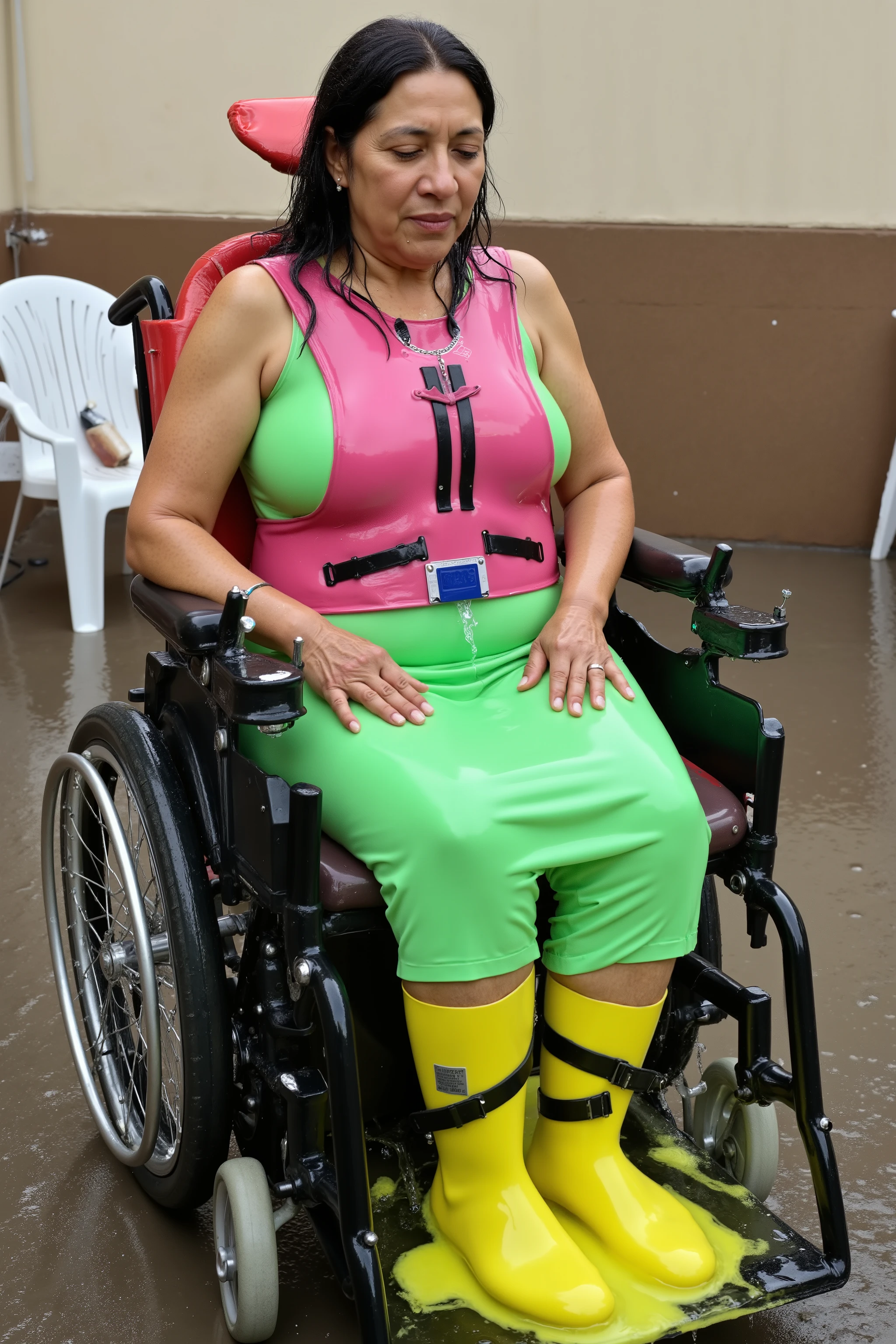 A wide angle image, an 84 year old thin elderly woman with saggy arms and a slight belly medium breast, black long silky shiny hair, sitting in a powered wheelchair with a red seat and headrest, the woman wears a bright shiny green latex dress, she wears yellow rubber boots, it is a rainy day, she has a pink thick polished padded neoprene chest harness on with six tight black leather straps restraining her, she wears a heavy blue hip belt restraining her hips, two green and black ankle restraints are around her lower legs, the woman has drool coming from her mouth and is relaxed, the woman’s chest harness has a wet spot under her mouth, her clothes have water droplets, she is in a hotel spa steam room and hot tub room near a white chair