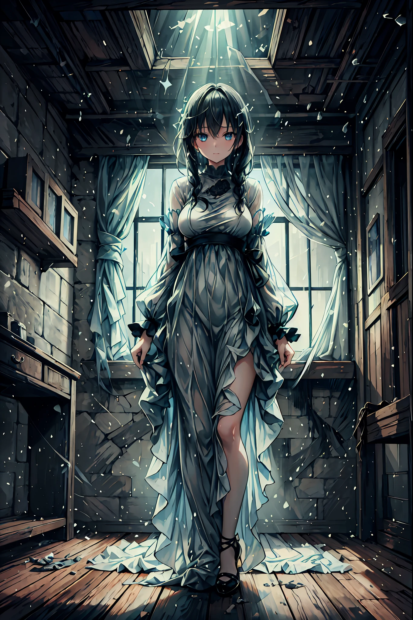 Haunted Castle、1 Midnight、The girl who lost her way、long black hair,Lanterns in hands、Lantern Lights、Lightning echoes、girl wet in the rain、big mansion like a castle、 Ghosts、dimly lit room、State of Ruins、Only ghost eyes light up,shortcuts,unkempt hair,Short braided hair,Neat,slender beauty,correct posture,small breasted,Beautiful legs,Enchanting Gray-Blue Eyes Shine Like Stars,Saggy Eyes,Brilliant Colors,beautiful eyes,A delicate smile,Textured Skin,Best quality at its best,gentle and beautiful woman,anime style、Seimitsu、4K resolution、High Quality、Super Detailed、Realistic、Realistic、HDR、UHD、STUDIO LIGHT、Transcendental Depiction、Clear Focus、PBR Rendering、Professional、Brilliant Colors彩、bokeh effect