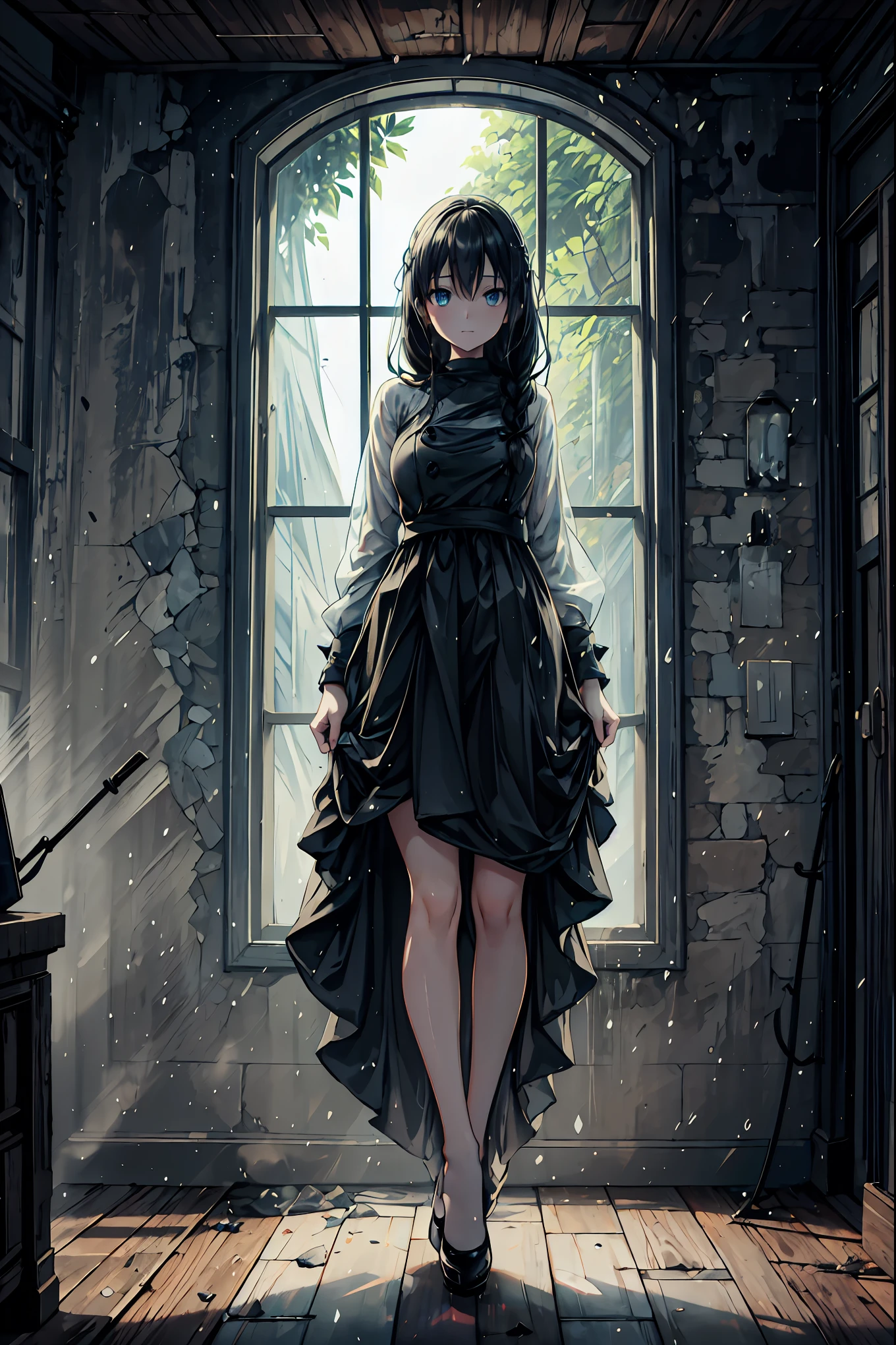 Haunted Castle、1 Midnight、The girl who lost her way、long black hair,Lanterns in hands、Lantern Lights、Lightning echoes、girl wet in the rain、big mansion like a castle、 Ghosts、dimly lit room、State of Ruins、Only ghost eyes light up,shortcuts,unkempt hair,Short braided hair,Neat,slender beauty,correct posture,small breasted,Beautiful legs,Enchanting Gray-Blue Eyes Shine Like Stars,Saggy Eyes,Brilliant Colors,beautiful eyes,A delicate smile,Textured Skin,Best quality at its best,gentle and beautiful woman,anime style、Seimitsu、4K resolution、High Quality、Super Detailed、Realistic、Realistic、HDR、UHD、STUDIO LIGHT、Transcendental Depiction、Clear Focus、PBR Rendering、Professional、Brilliant Colors彩、bokeh effect