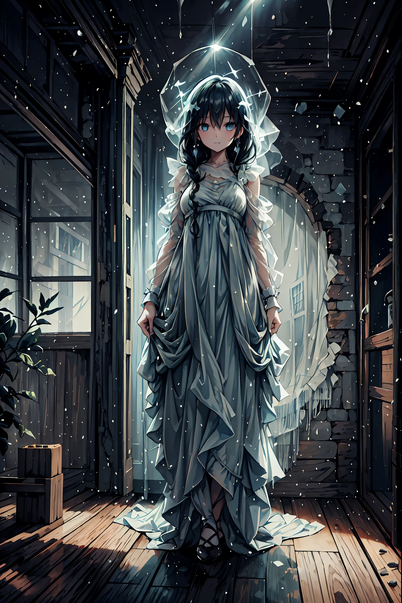 Haunted Castle、1 Midnight、The girl who lost her way、long black hair,Lanterns in hands、Lantern Lights、Lightning echoes、girl wet in the rain、big mansion like a castle、 Ghosts、dimly lit room、State of Ruins、Only ghost eyes light up,shortcuts,unkempt hair,Short braided hair,Neat,slender beauty,correct posture,small breasted,Beautiful legs,Enchanting Gray-Blue Eyes Shine Like Stars,Saggy Eyes,Brilliant Colors,beautiful eyes,A delicate smile,Textured Skin,Best quality at its best,gentle and beautiful woman,anime style、Seimitsu、4K resolution、High Quality、Super Detailed、Realistic、Realistic、HDR、UHD、STUDIO LIGHT、Transcendental Depiction、Clear Focus、PBR Rendering、Professional、Brilliant Colors彩、bokeh effect